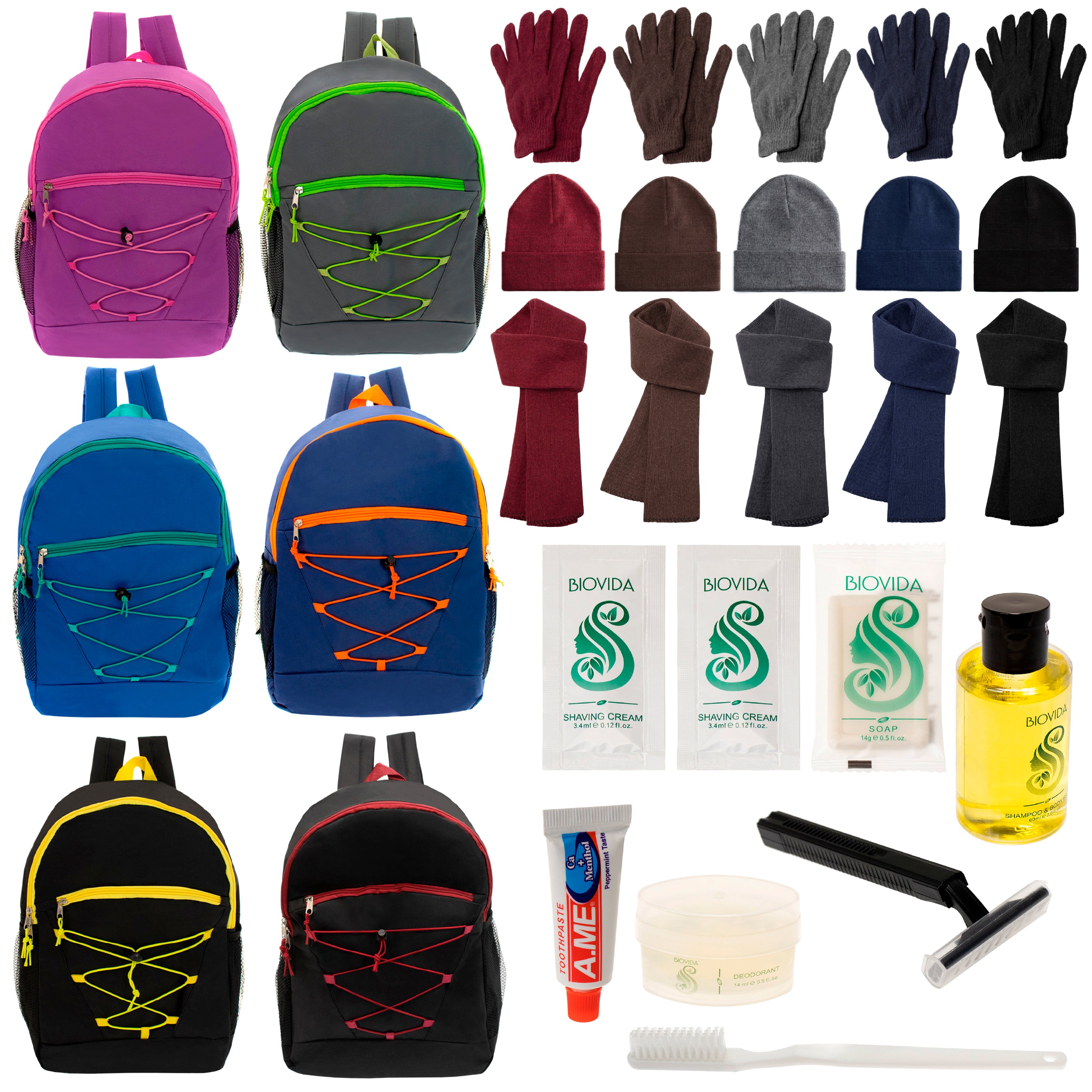 12 Bungee 17" Backpacks in 6 Colors, 12 Winter Item Sets & Your Choice of 12 Bulk Hygiene Kits - Wholesale Homeless Care Package