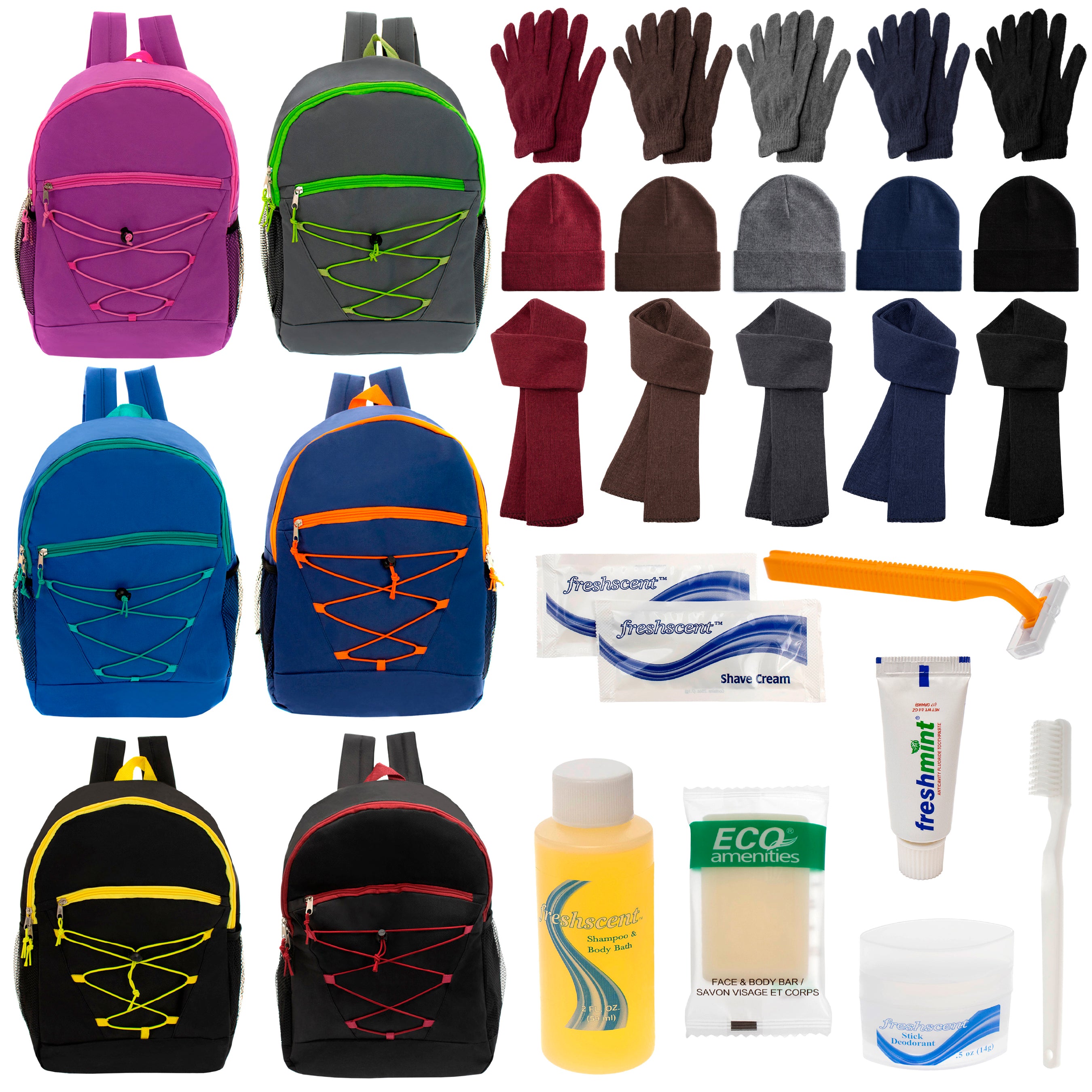 12 Bungee 17" Backpacks in 6 Colors, 12 Winter Item Sets & Your Choice of 12 Bulk Hygiene Kits - Wholesale Homeless Care Package