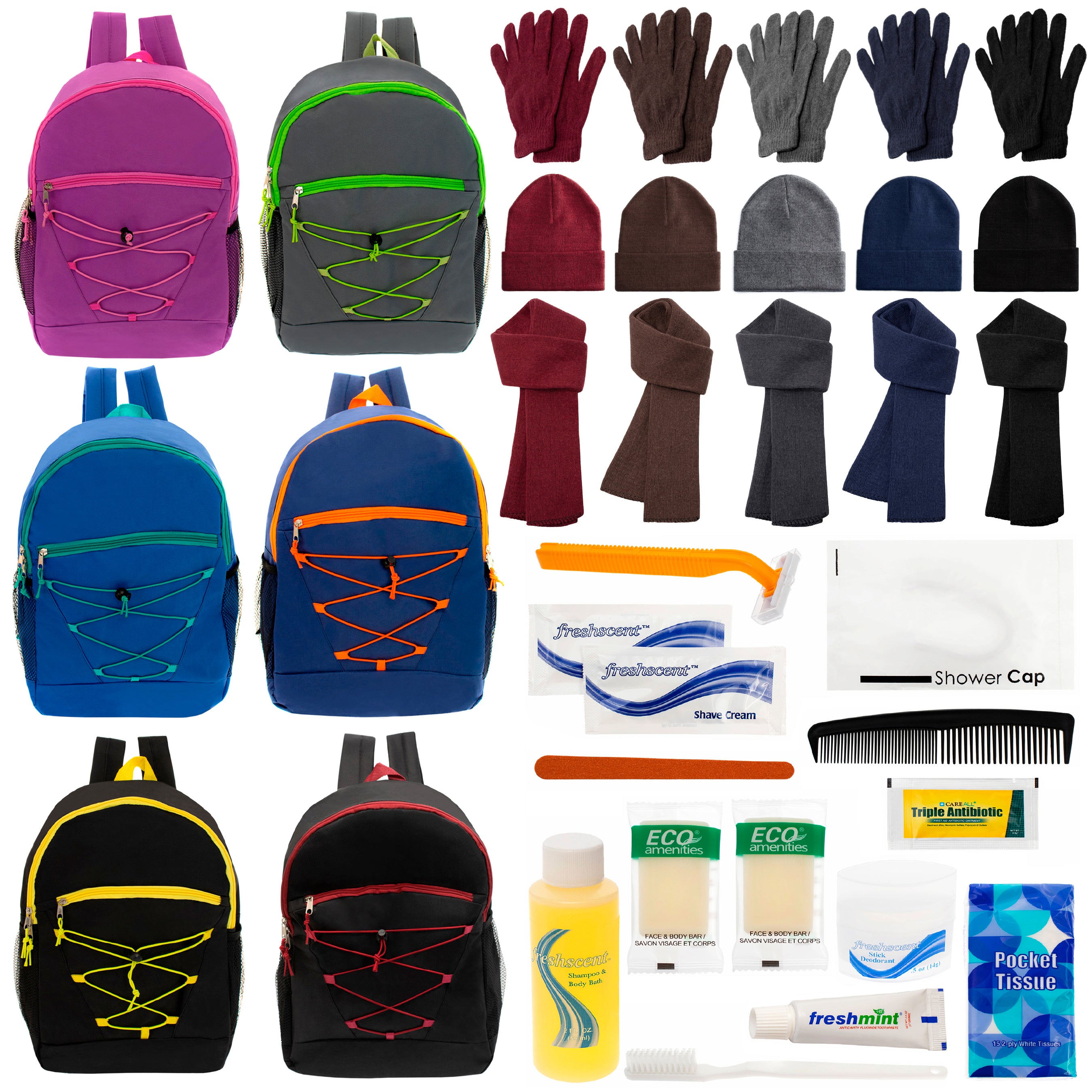 12 Bungee 17" Backpacks in 6 Colors, 12 Winter Item Sets & Your Choice of 12 Bulk Hygiene Kits - Wholesale Homeless Care Package