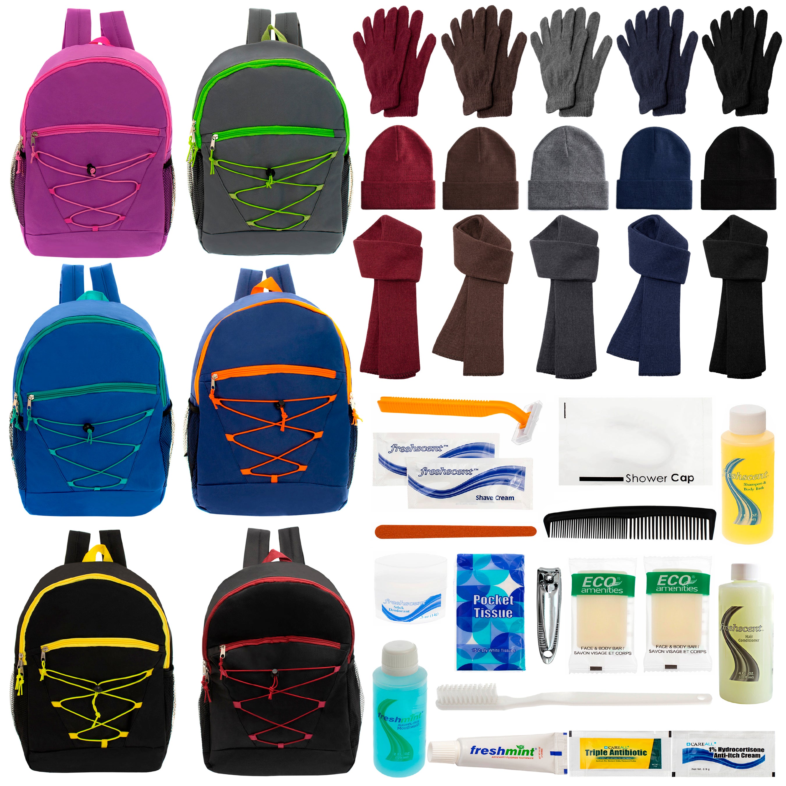 12 Bungee 17" Backpacks in 6 Colors, 12 Winter Item Sets & Your Choice of 12 Bulk Hygiene Kits - Wholesale Homeless Care Package