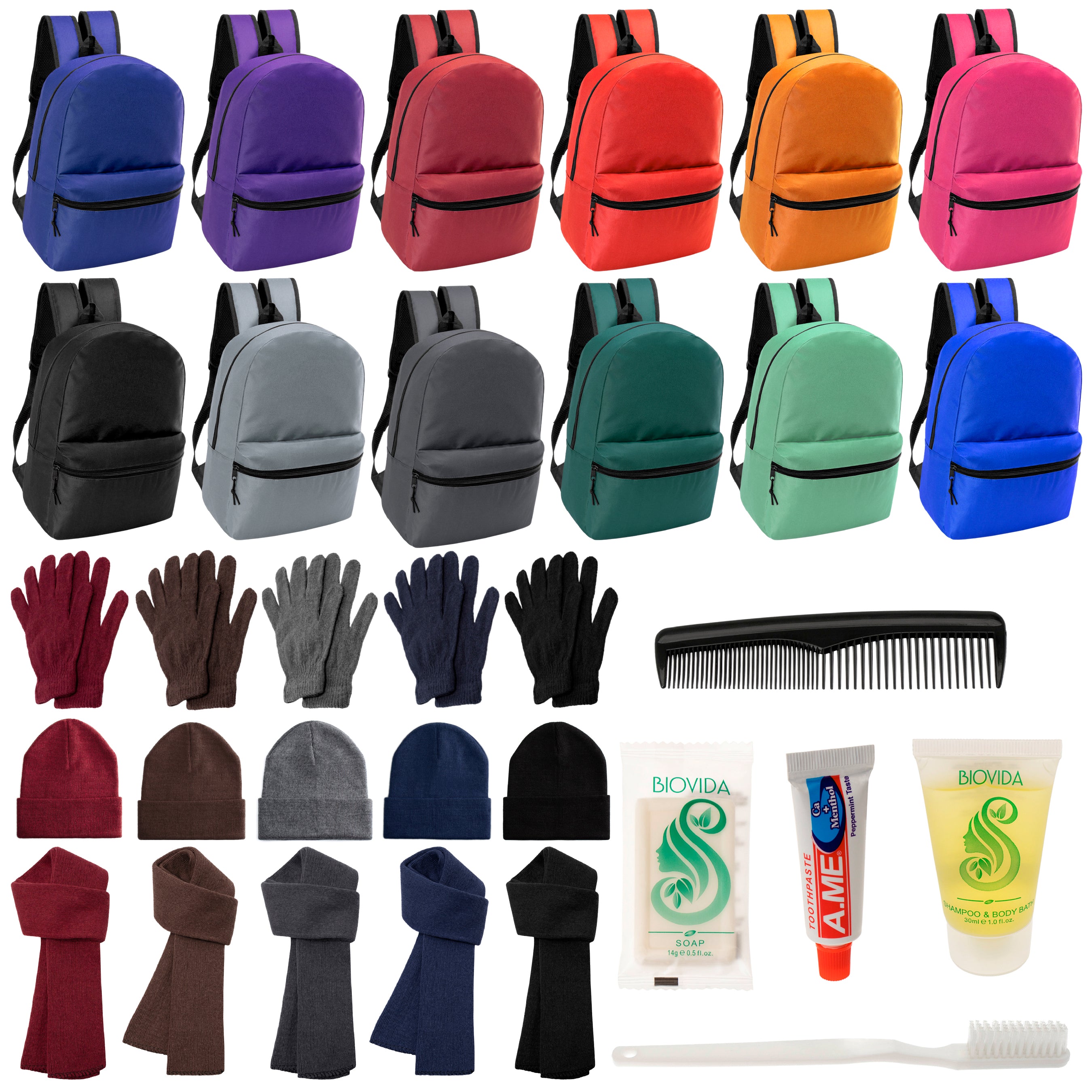 12 Basic 17" Backpacks in 12 Colors, 12 Winter Item Sets & Your Choice of 12 Bulk Hygiene Kits - Wholesale Homeless Care Package