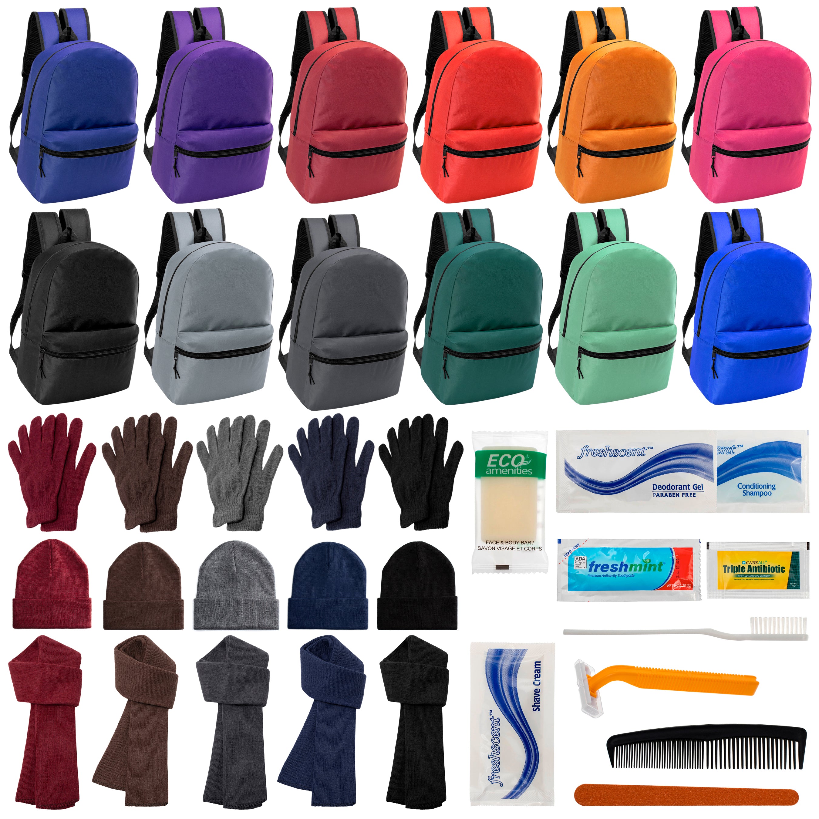 12 Basic 17" Backpacks in 12 Colors, 12 Winter Item Sets & Your Choice of 12 Bulk Hygiene Kits - Wholesale Homeless Care Package