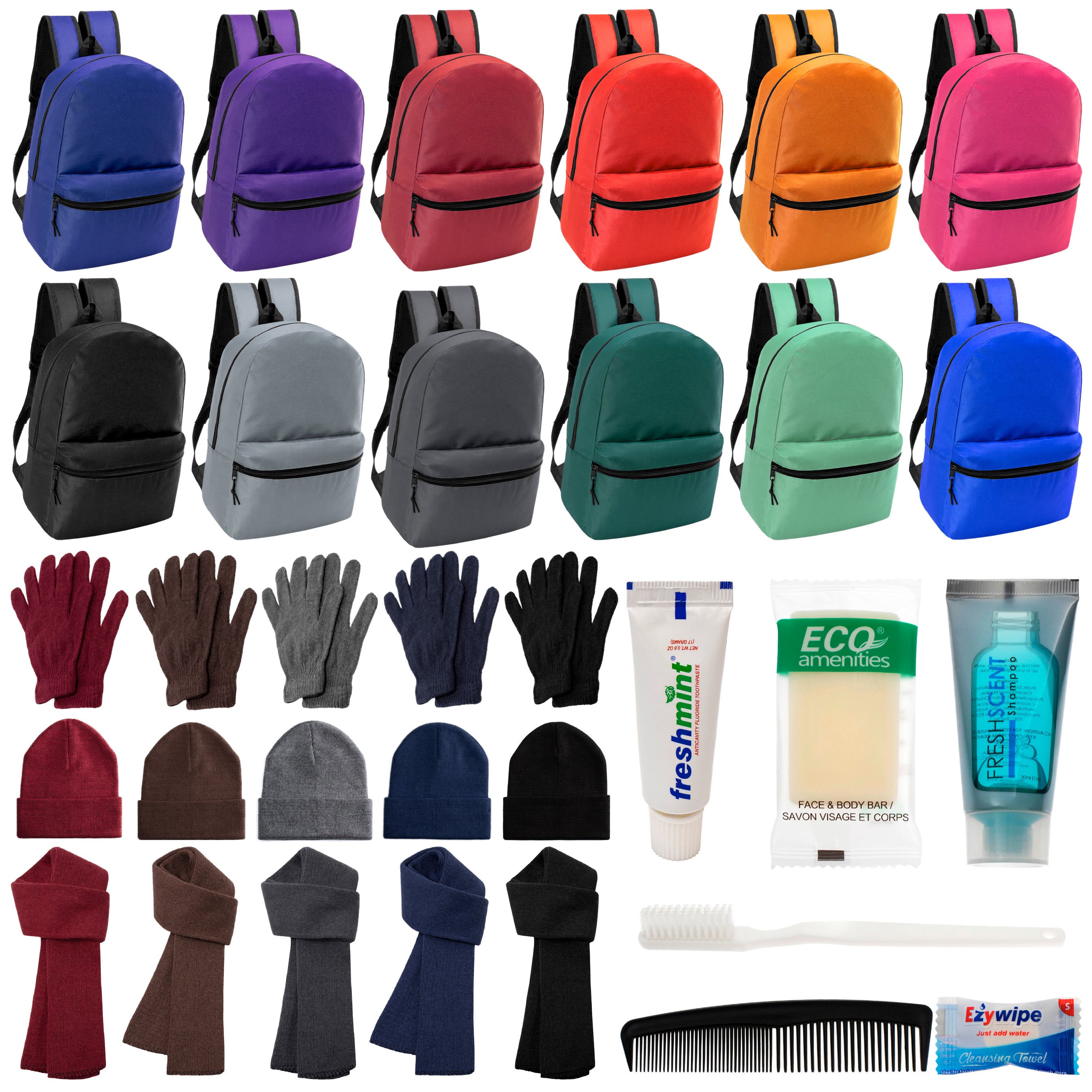 12 Basic 17" Backpacks in 12 Colors, 12 Winter Item Sets & Your Choice of 12 Bulk Hygiene Kits - Wholesale Homeless Care Package