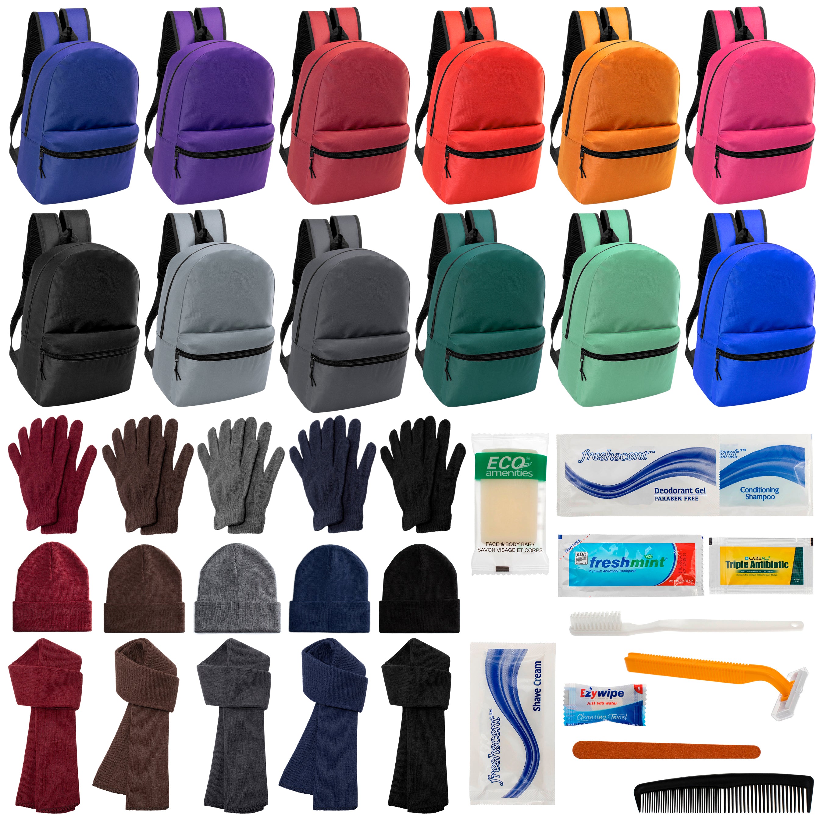 12 Basic 17" Backpacks in 12 Colors, 12 Winter Item Sets & Your Choice of 12 Bulk Hygiene Kits - Wholesale Homeless Care Package