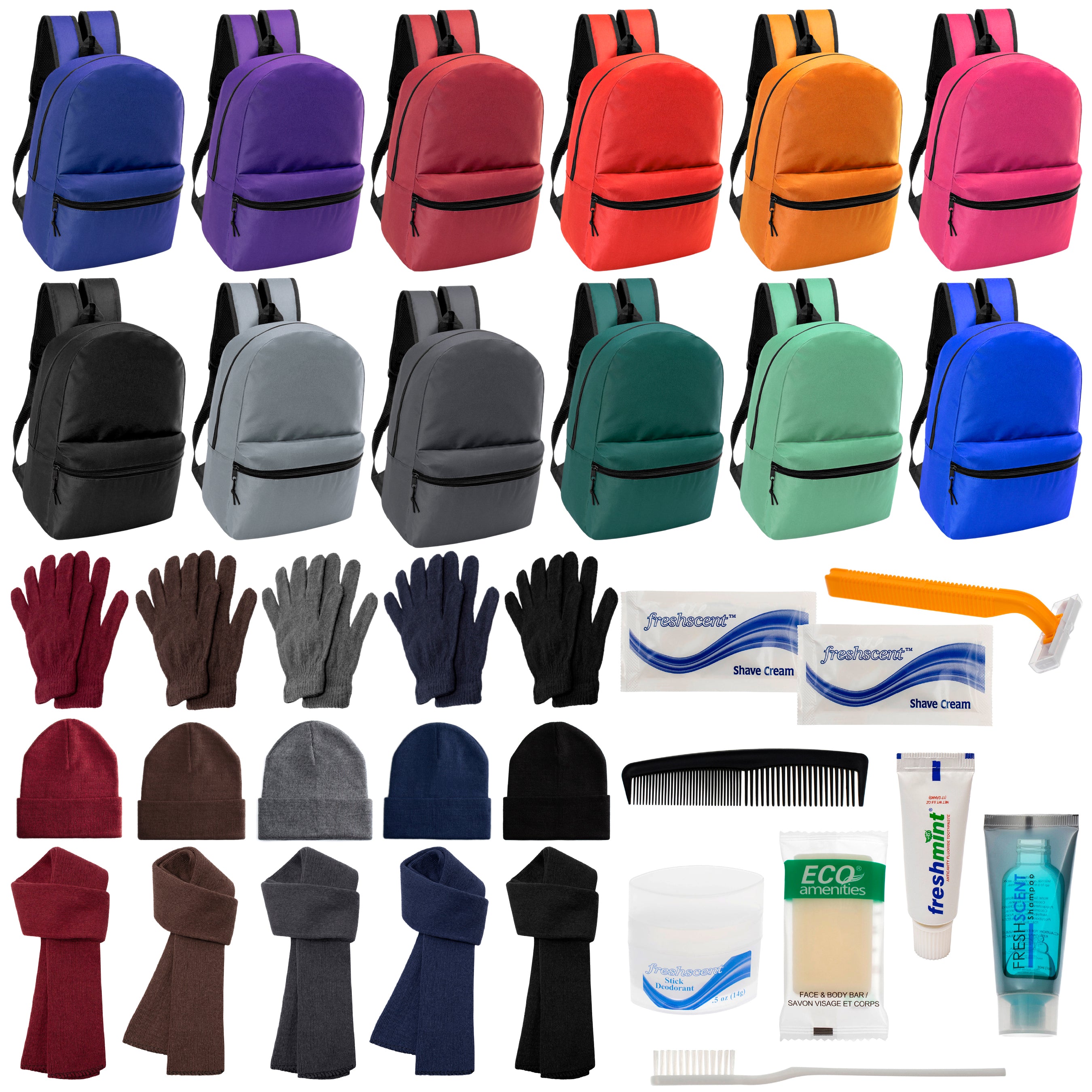 12 Basic 17" Backpacks in 12 Colors, 12 Winter Item Sets & Your Choice of 12 Bulk Hygiene Kits - Wholesale Homeless Care Package