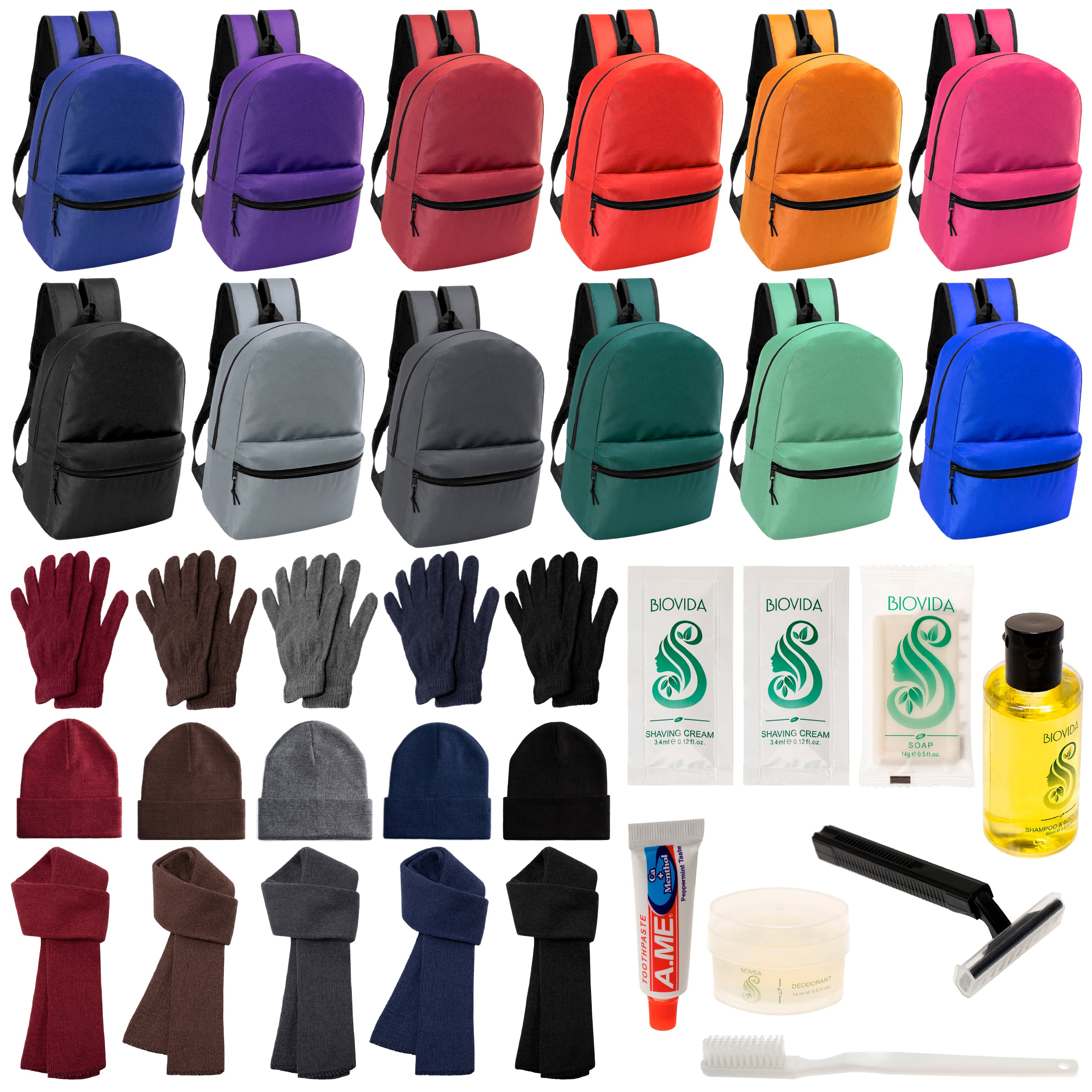 12 Basic 17" Backpacks in 12 Colors, 12 Winter Item Sets & Your Choice of 12 Bulk Hygiene Kits - Wholesale Homeless Care Package