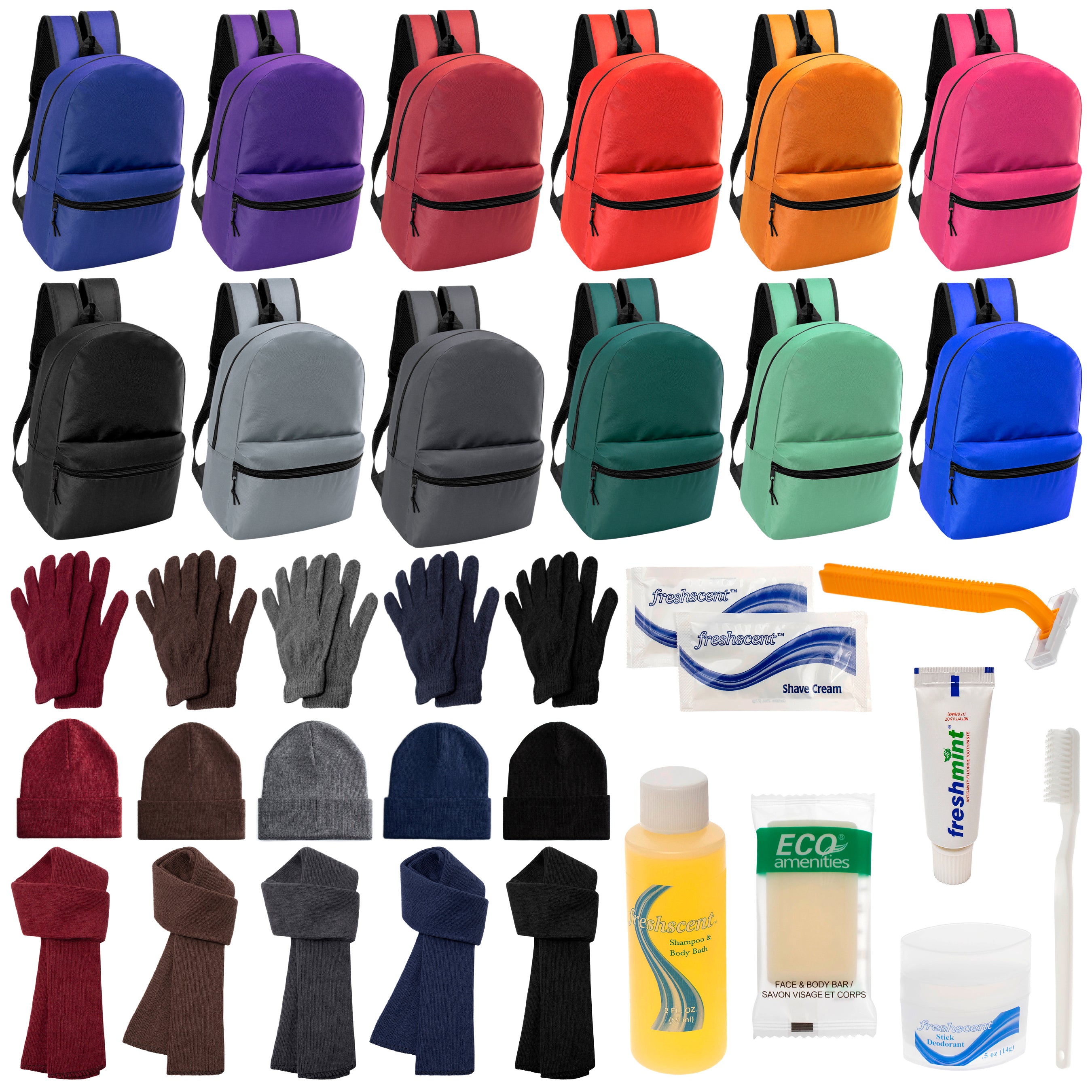 12 Basic 17" Backpacks in 12 Colors, 12 Winter Item Sets & Your Choice of 12 Bulk Hygiene Kits - Wholesale Homeless Care Package