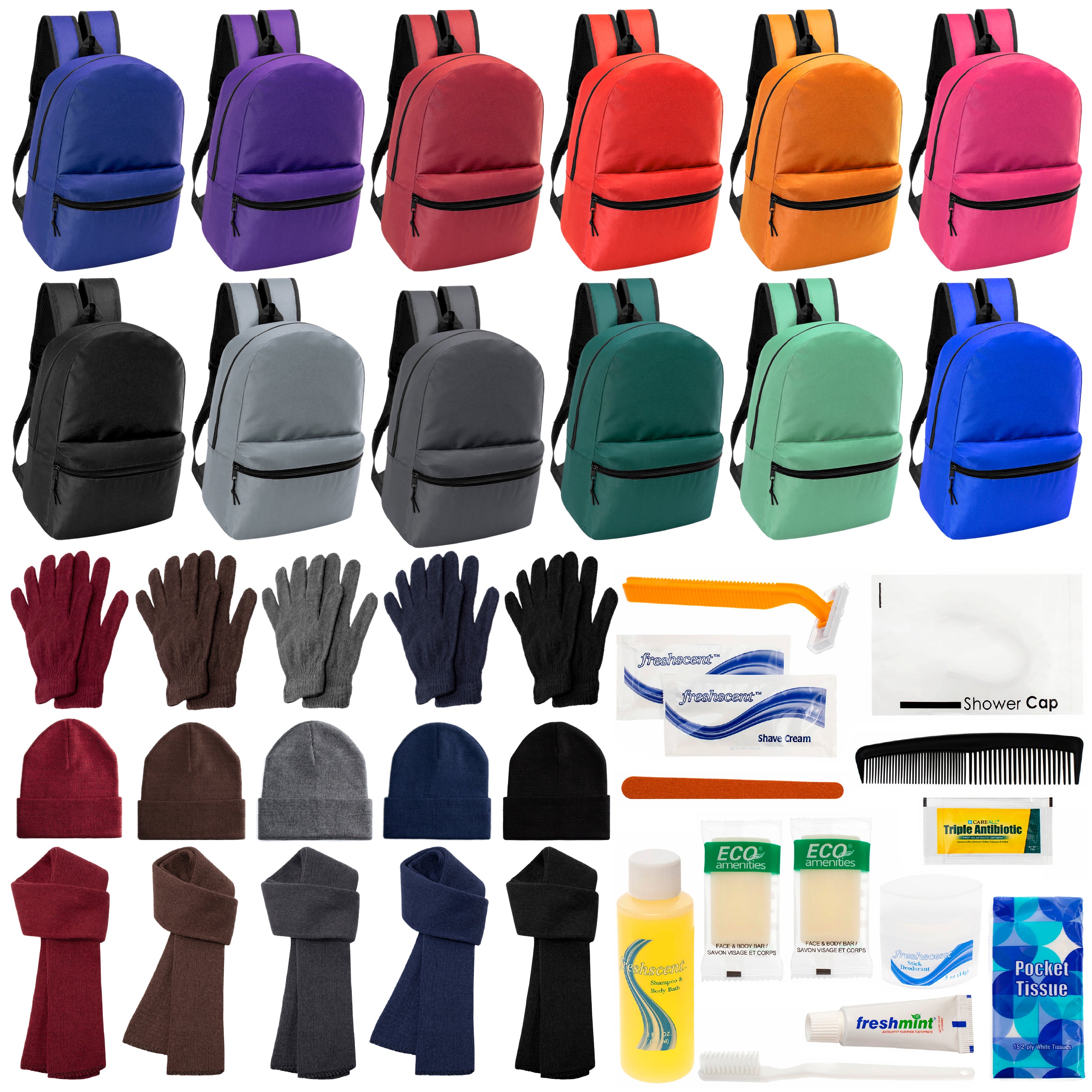 12 Basic 17" Backpacks in 12 Colors, 12 Winter Item Sets & Your Choice of 12 Bulk Hygiene Kits - Wholesale Homeless Care Package