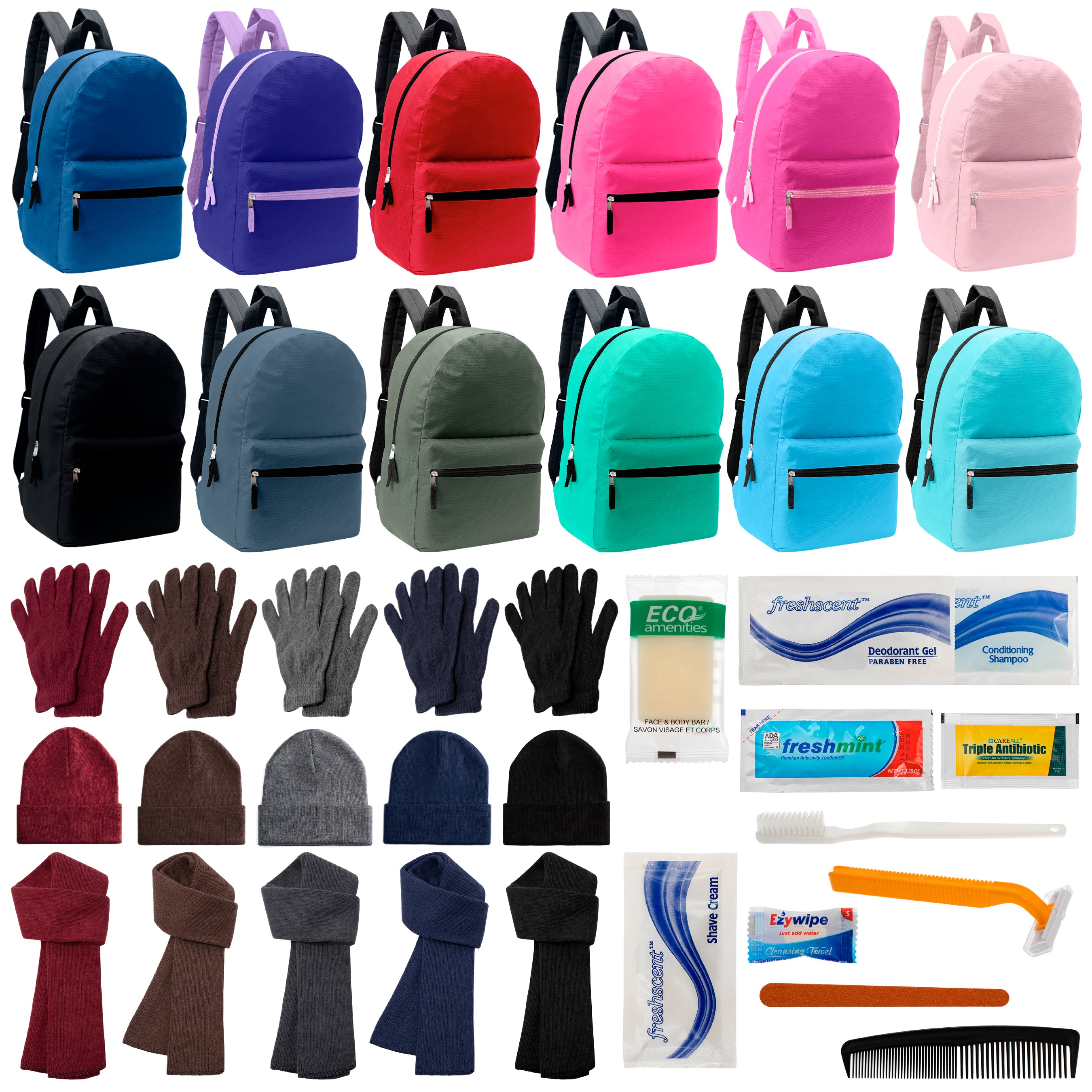 12 17" Backpacks in 12 Solid Colors, 12 Winter Item Sets & Your Choice of 12 Bulk Hygiene Kits - Wholesale Homeless Care Package