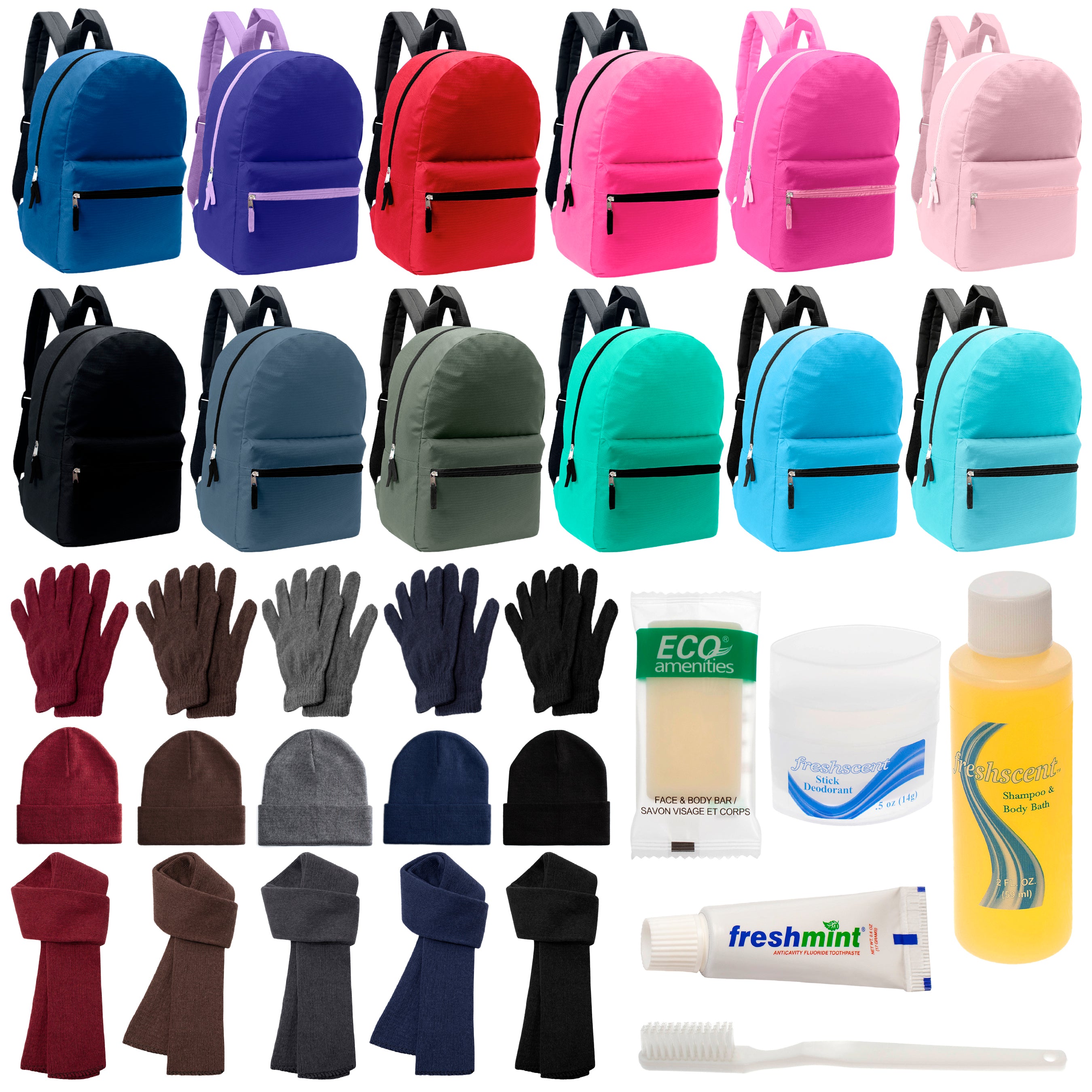 12 17" Backpacks in 12 Solid Colors, 12 Winter Item Sets & Your Choice of 12 Bulk Hygiene Kits - Wholesale Homeless Care Package