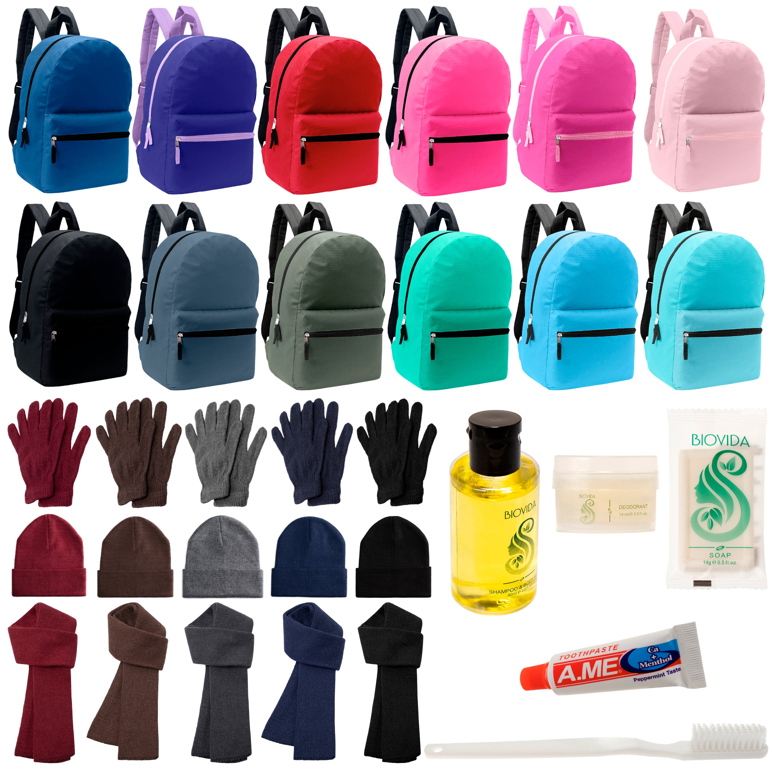 12 17" Backpacks in 12 Solid Colors, 12 Winter Item Sets & Your Choice of 12 Bulk Hygiene Kits - Wholesale Homeless Care Package