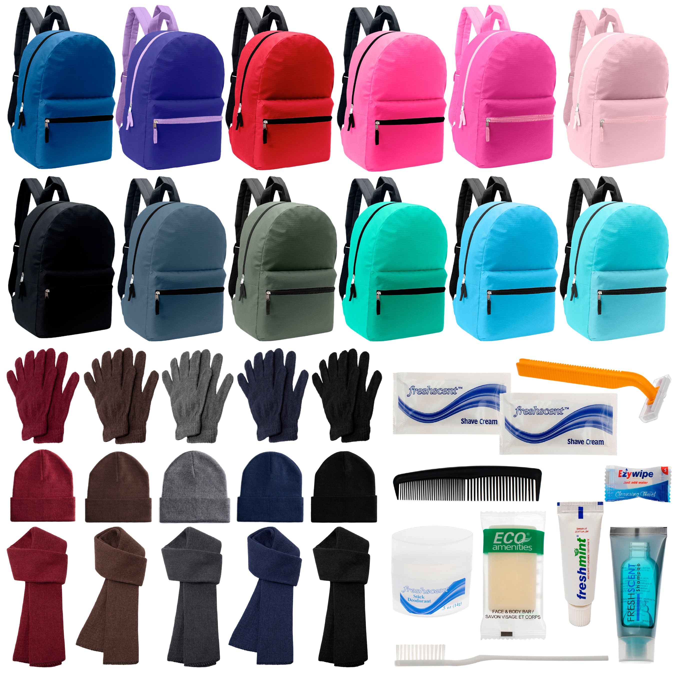 12 17" Backpacks in 12 Solid Colors, 12 Winter Item Sets & Your Choice of 12 Bulk Hygiene Kits - Wholesale Homeless Care Package