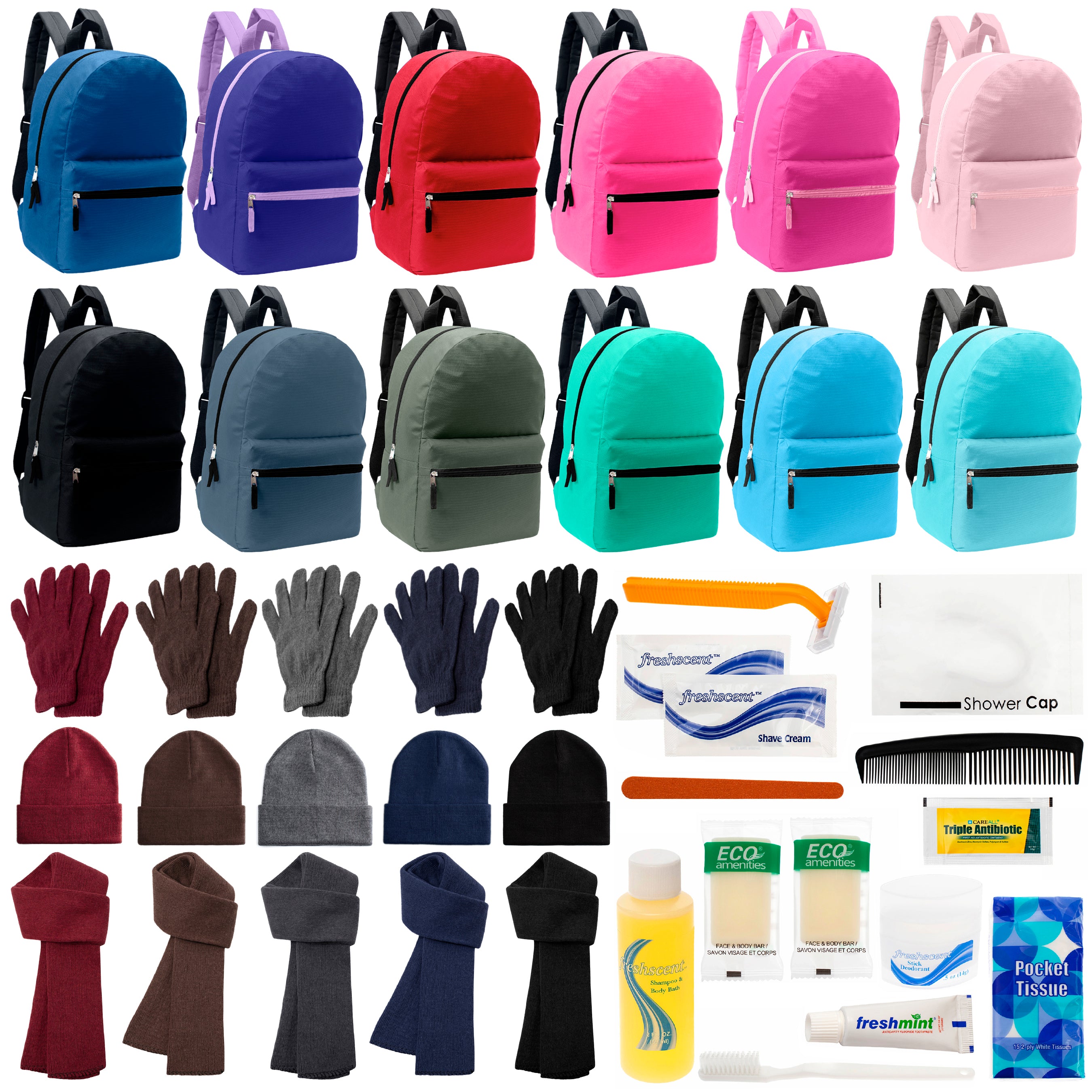 12 17" Backpacks in 12 Solid Colors, 12 Winter Item Sets & Your Choice of 12 Bulk Hygiene Kits - Wholesale Homeless Care Package