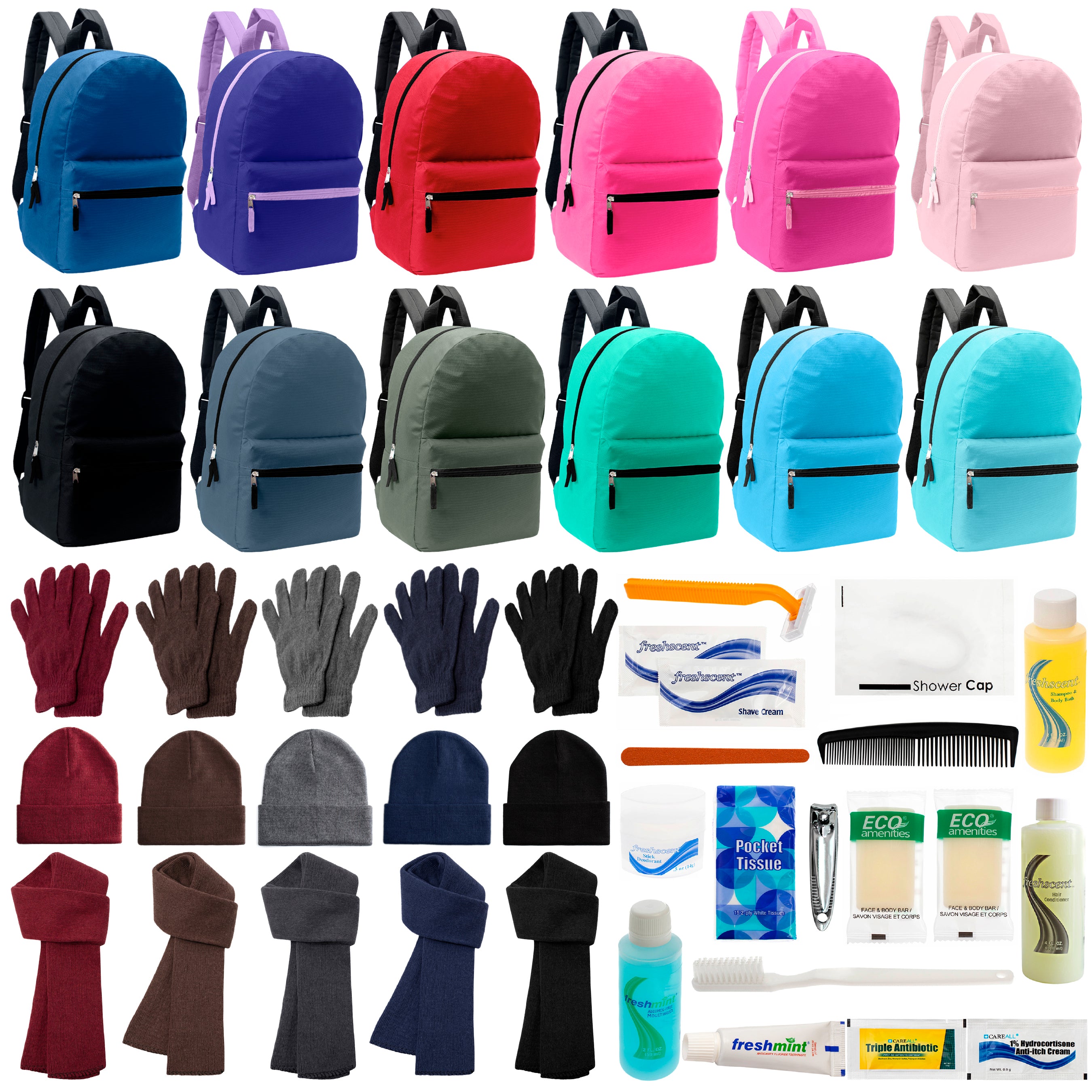 12 17" Backpacks in 12 Solid Colors, 12 Winter Item Sets & Your Choice of 12 Bulk Hygiene Kits - Wholesale Homeless Care Package