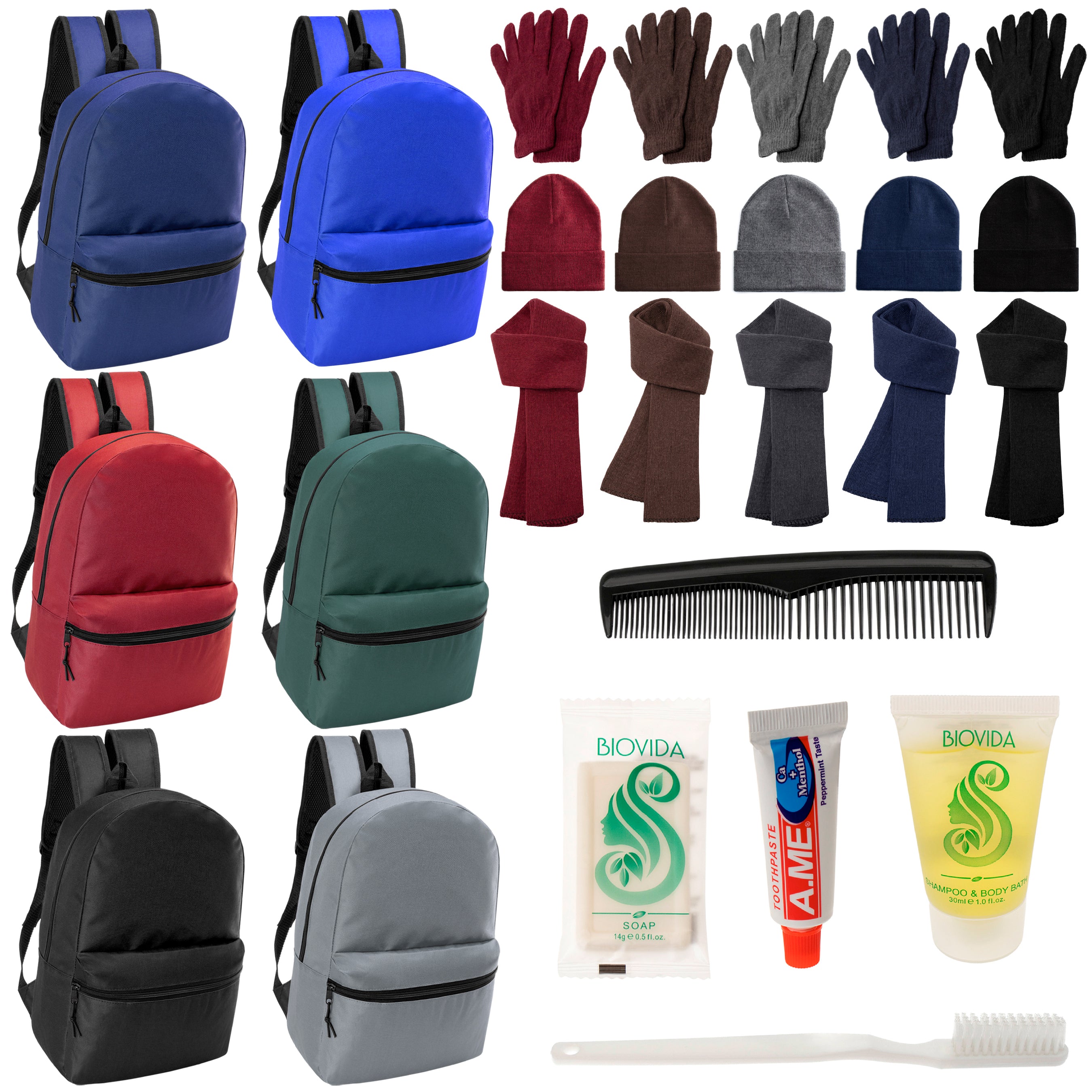 12 Basic 17" Backpacks in 6 Colors, 12 Winter Item Sets & Your Choice of 12 Bulk Hygiene Kits - Wholesale Homeless Care Package