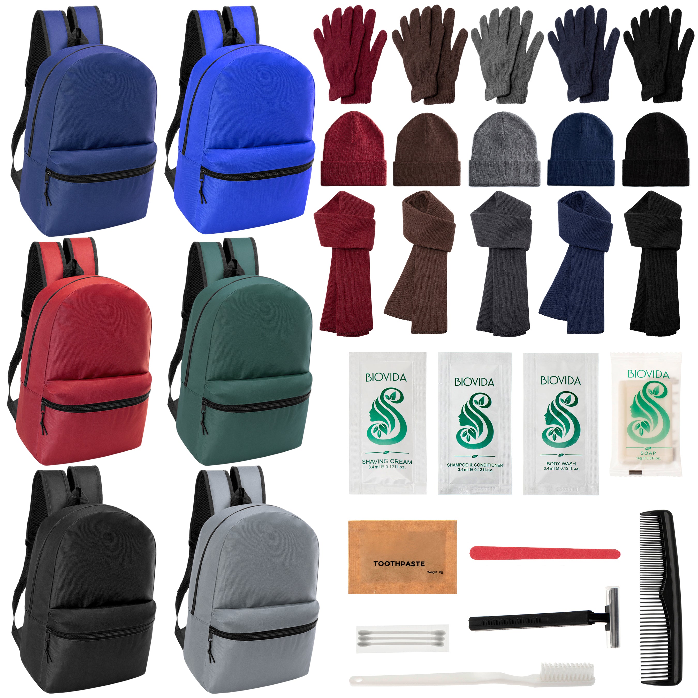 12 Basic 17" Backpacks in 6 Colors, 12 Winter Item Sets & Your Choice of 12 Bulk Hygiene Kits - Wholesale Homeless Care Package