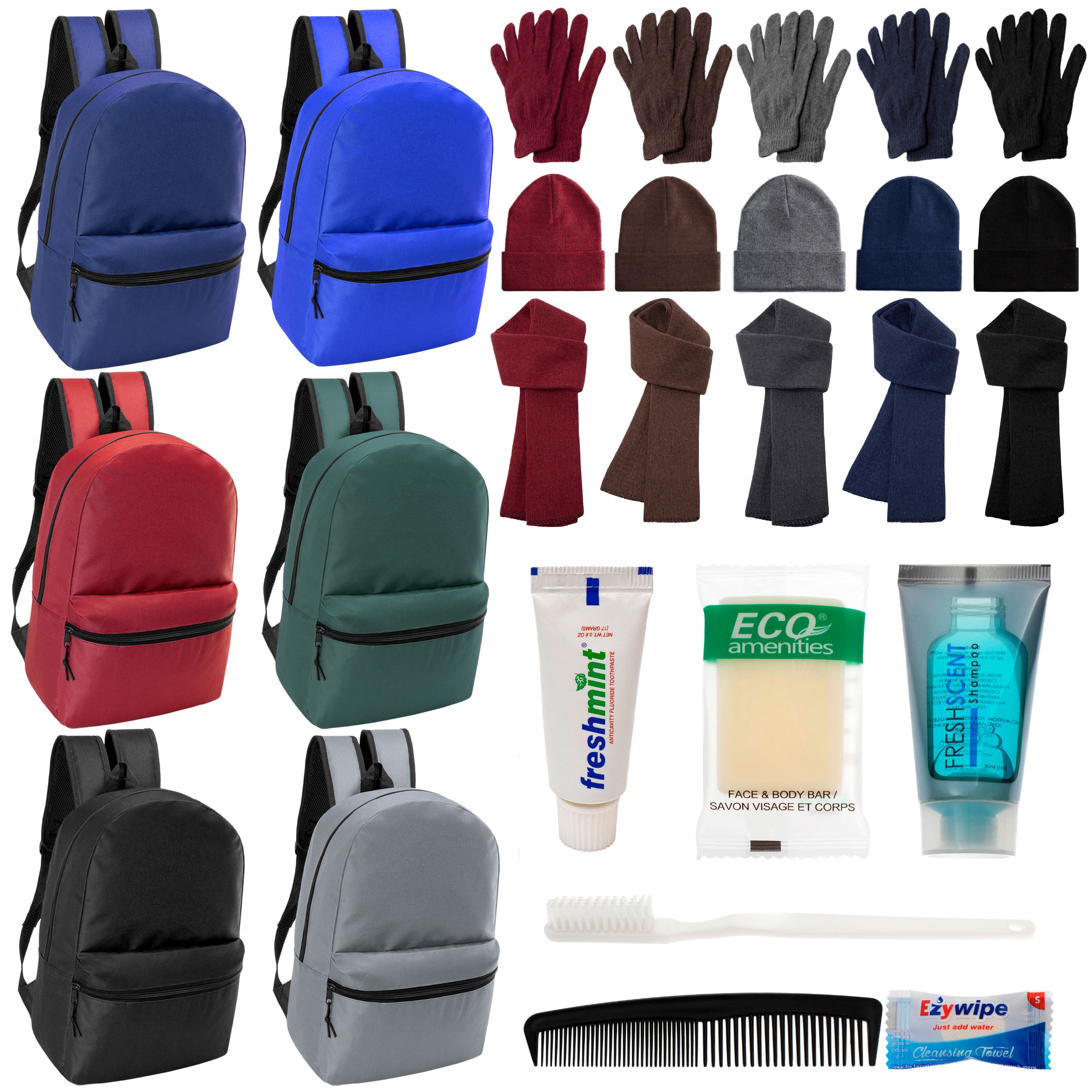 12 Basic 17" Backpacks in 6 Colors, 12 Winter Item Sets & Your Choice of 12 Bulk Hygiene Kits - Wholesale Homeless Care Package