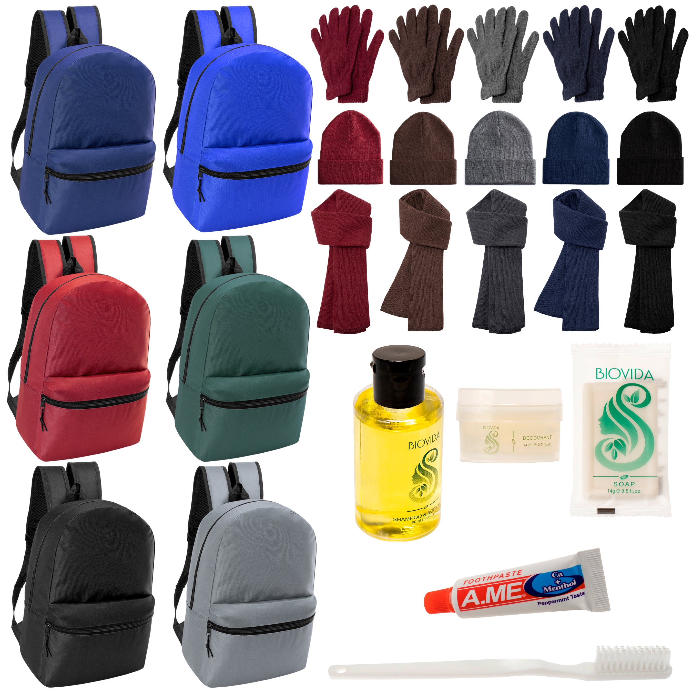 12 Basic 17" Backpacks in 6 Colors, 12 Winter Item Sets & Your Choice of 12 Bulk Hygiene Kits - Wholesale Homeless Care Package