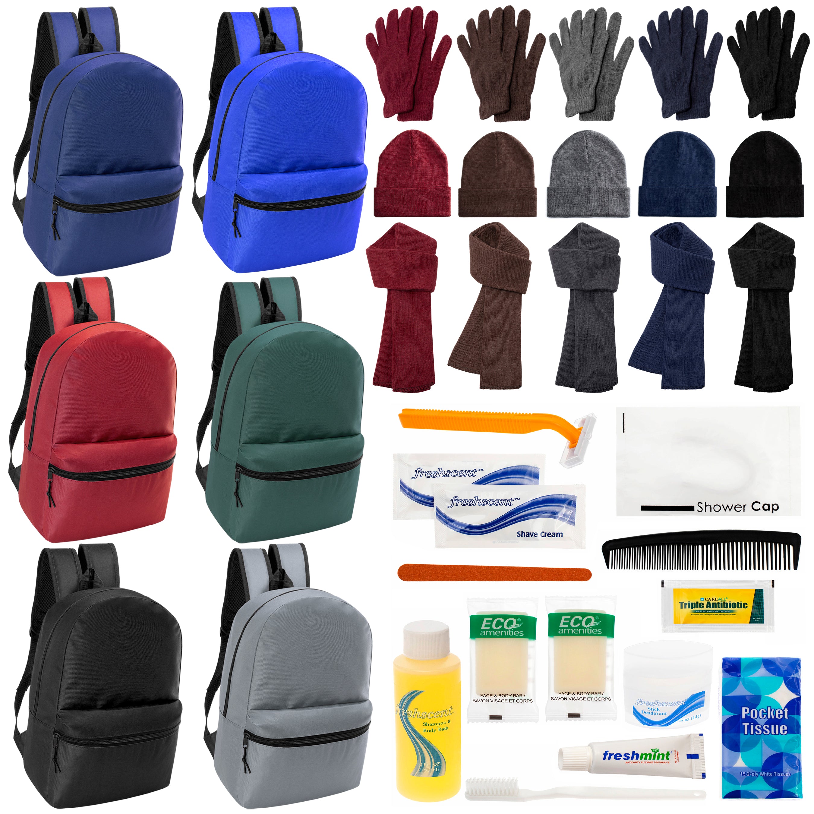 12 Basic 17" Backpacks in 6 Colors, 12 Winter Item Sets & Your Choice of 12 Bulk Hygiene Kits - Wholesale Homeless Care Package