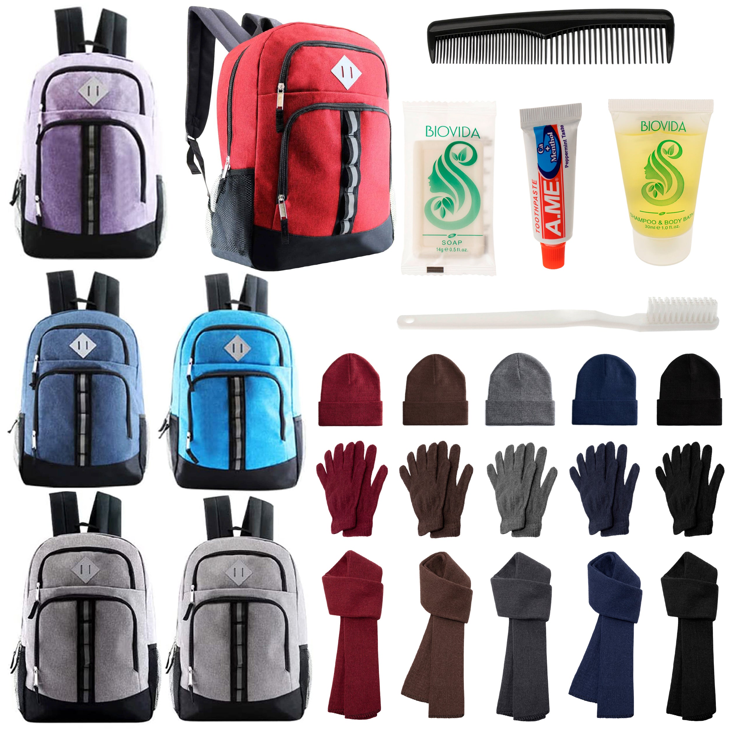 12 Deluxe 18" Backpacks in 6 Colors, 12 Winter Item Sets & Your Choice of 12 Bulk Hygiene Kits - Wholesale Homeless Care Package