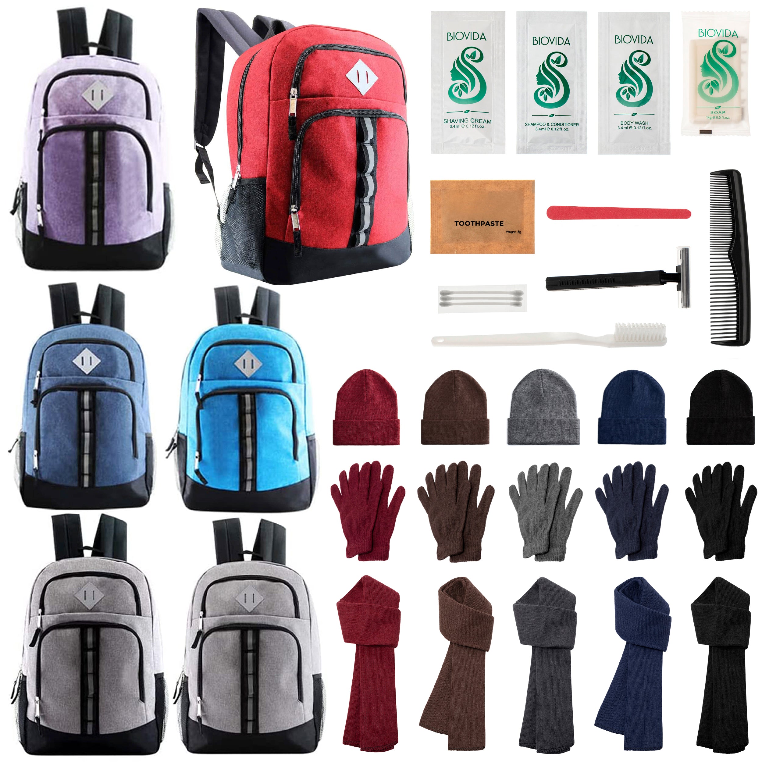 12 Deluxe 18" Backpacks in 6 Colors, 12 Winter Item Sets & Your Choice of 12 Bulk Hygiene Kits - Wholesale Homeless Care Package