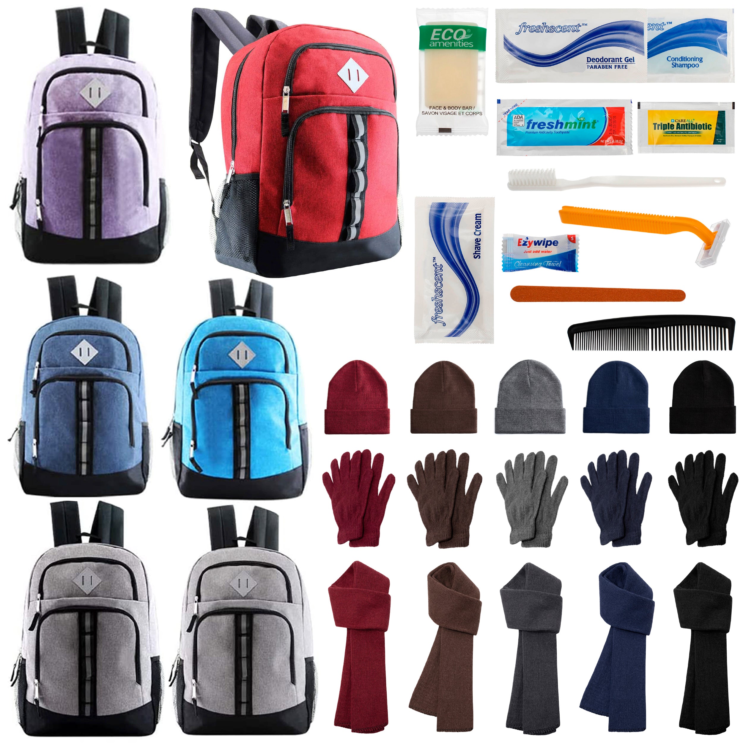 12 Deluxe 18" Backpacks in 6 Colors, 12 Winter Item Sets & Your Choice of 12 Bulk Hygiene Kits - Wholesale Homeless Care Package