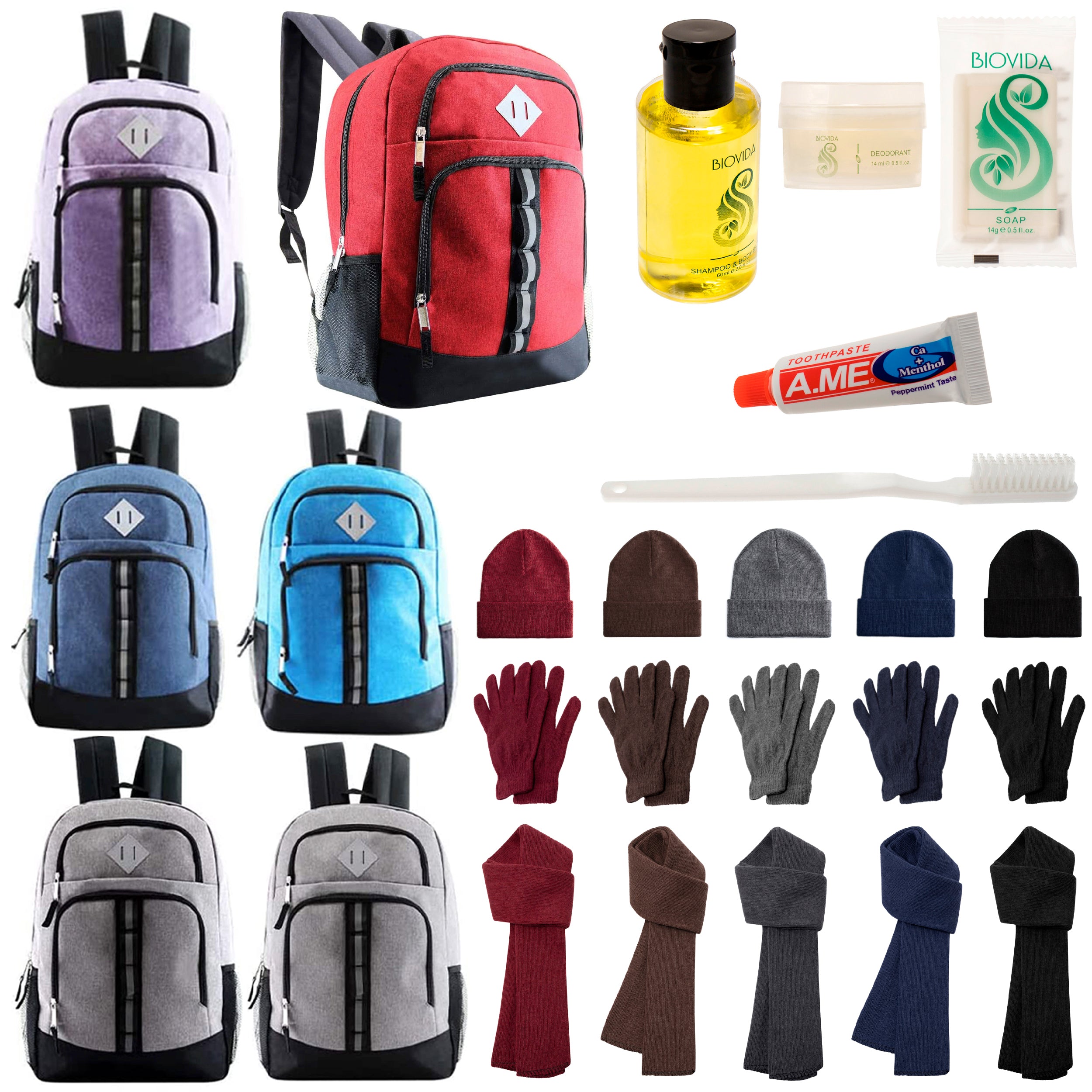 12 Deluxe 18" Backpacks in 6 Colors, 12 Winter Item Sets & Your Choice of 12 Bulk Hygiene Kits - Wholesale Homeless Care Package