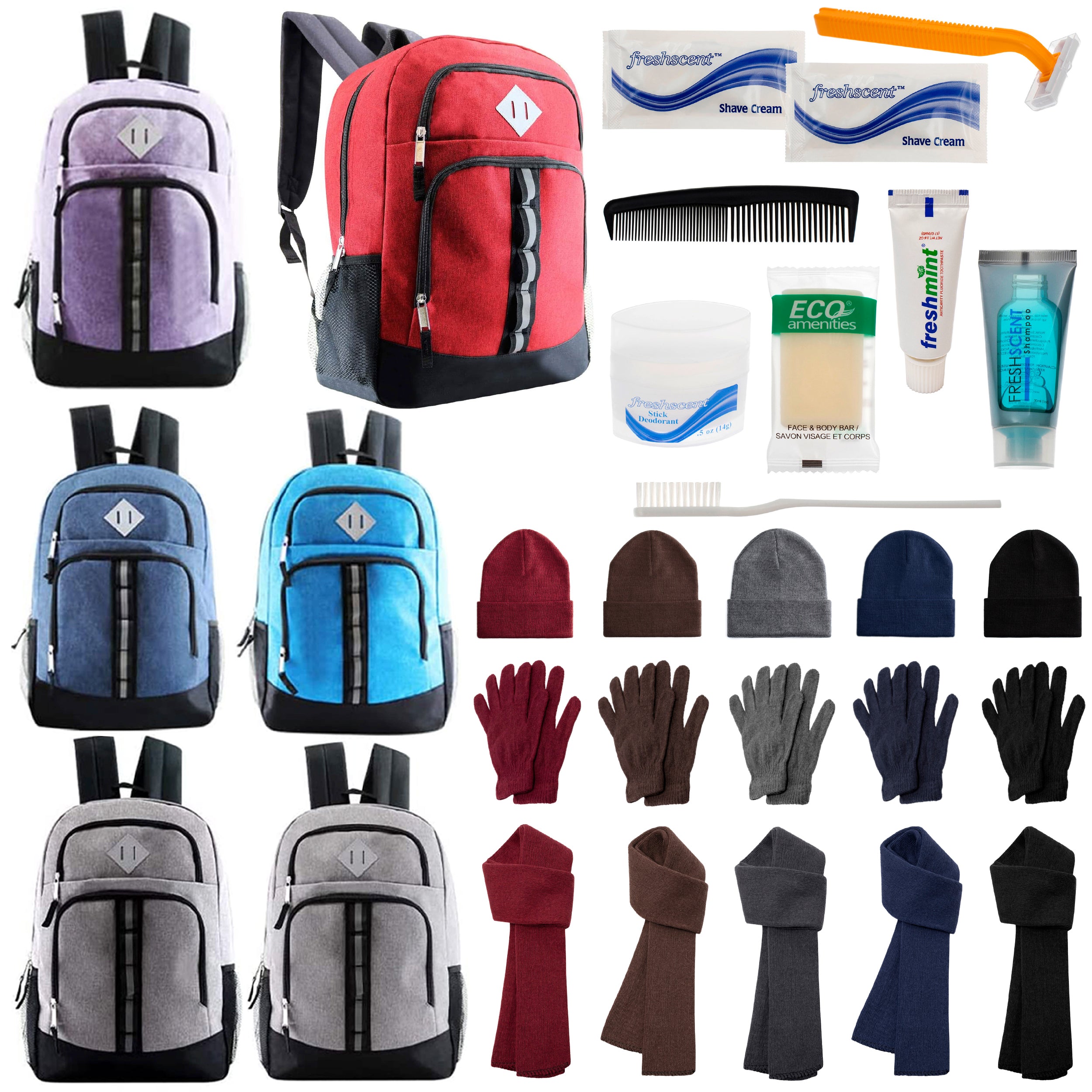 12 Deluxe 18" Backpacks in 6 Colors, 12 Winter Item Sets & Your Choice of 12 Bulk Hygiene Kits - Wholesale Homeless Care Package