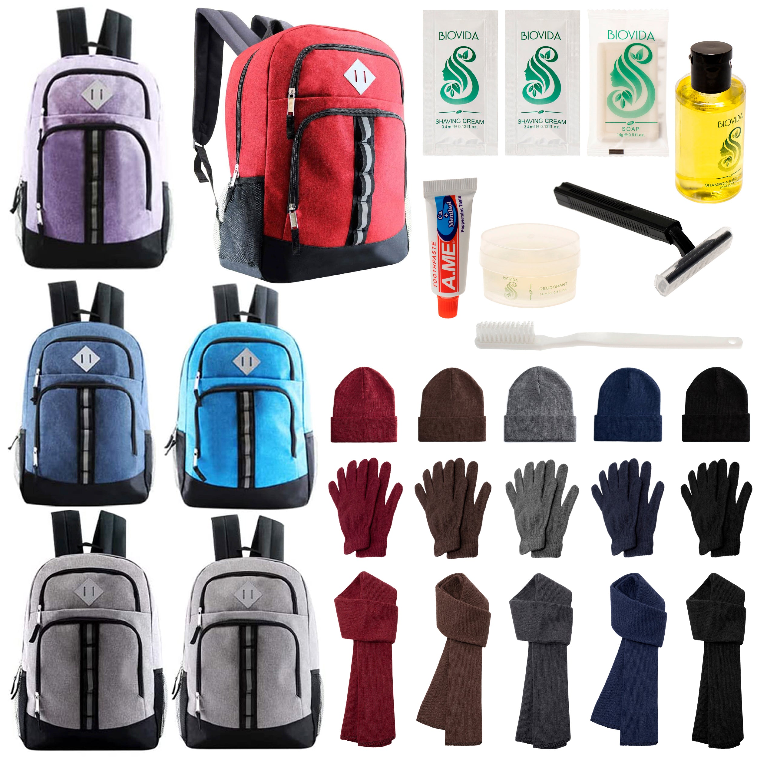 12 Deluxe 18" Backpacks in 6 Colors, 12 Winter Item Sets & Your Choice of 12 Bulk Hygiene Kits - Wholesale Homeless Care Package