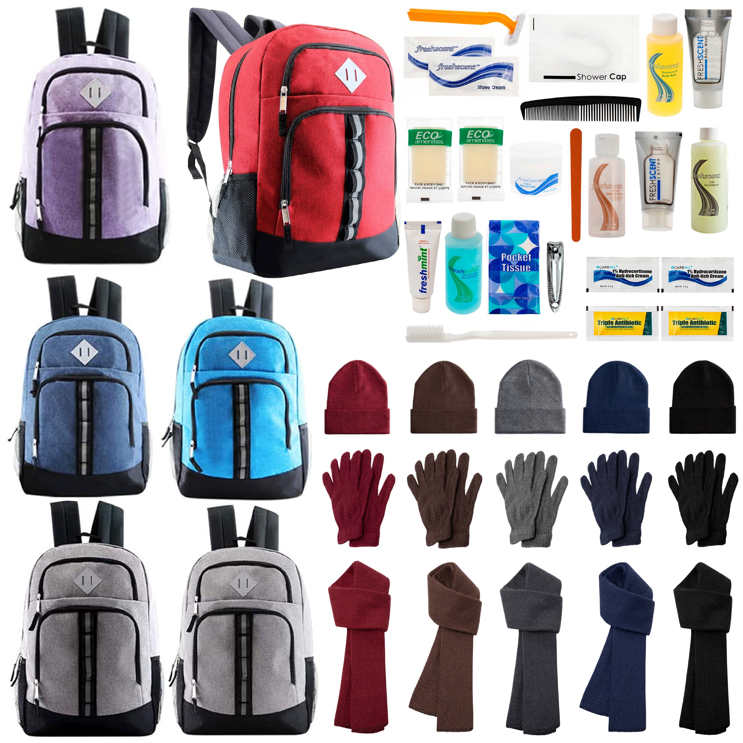 12 Deluxe 18" Backpacks in 6 Colors, 12 Winter Item Sets & Your Choice of 12 Bulk Hygiene Kits - Wholesale Homeless Care Package