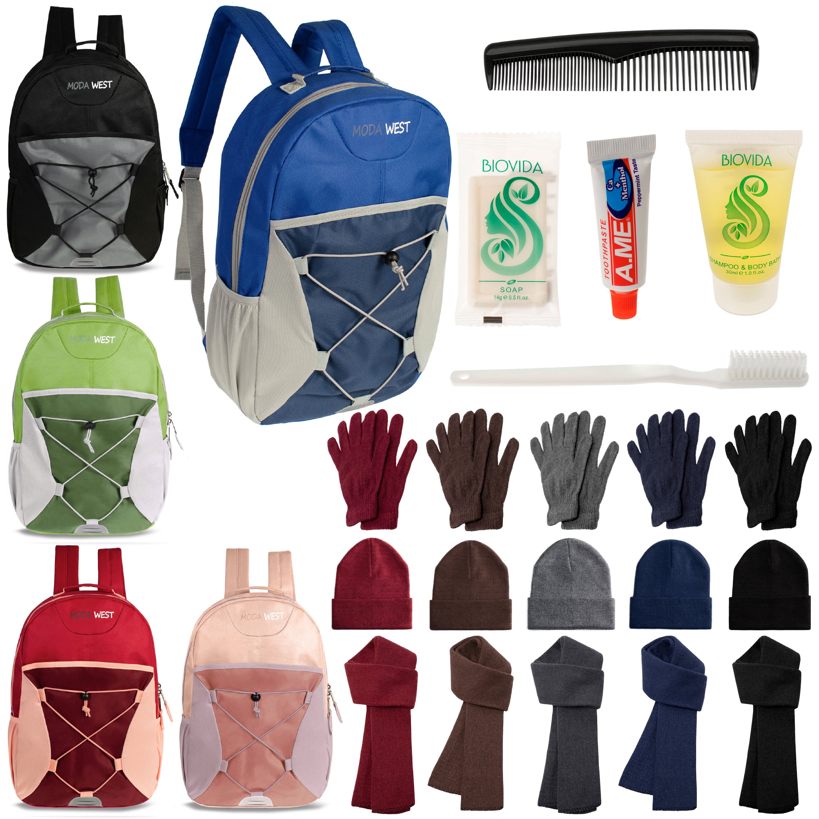 12 Bungee 17" Backpacks in 5 Colors, 12 Winter Item Sets & Your Choice of 12 Bulk Hygiene Kits - Wholesale Homeless Care Package