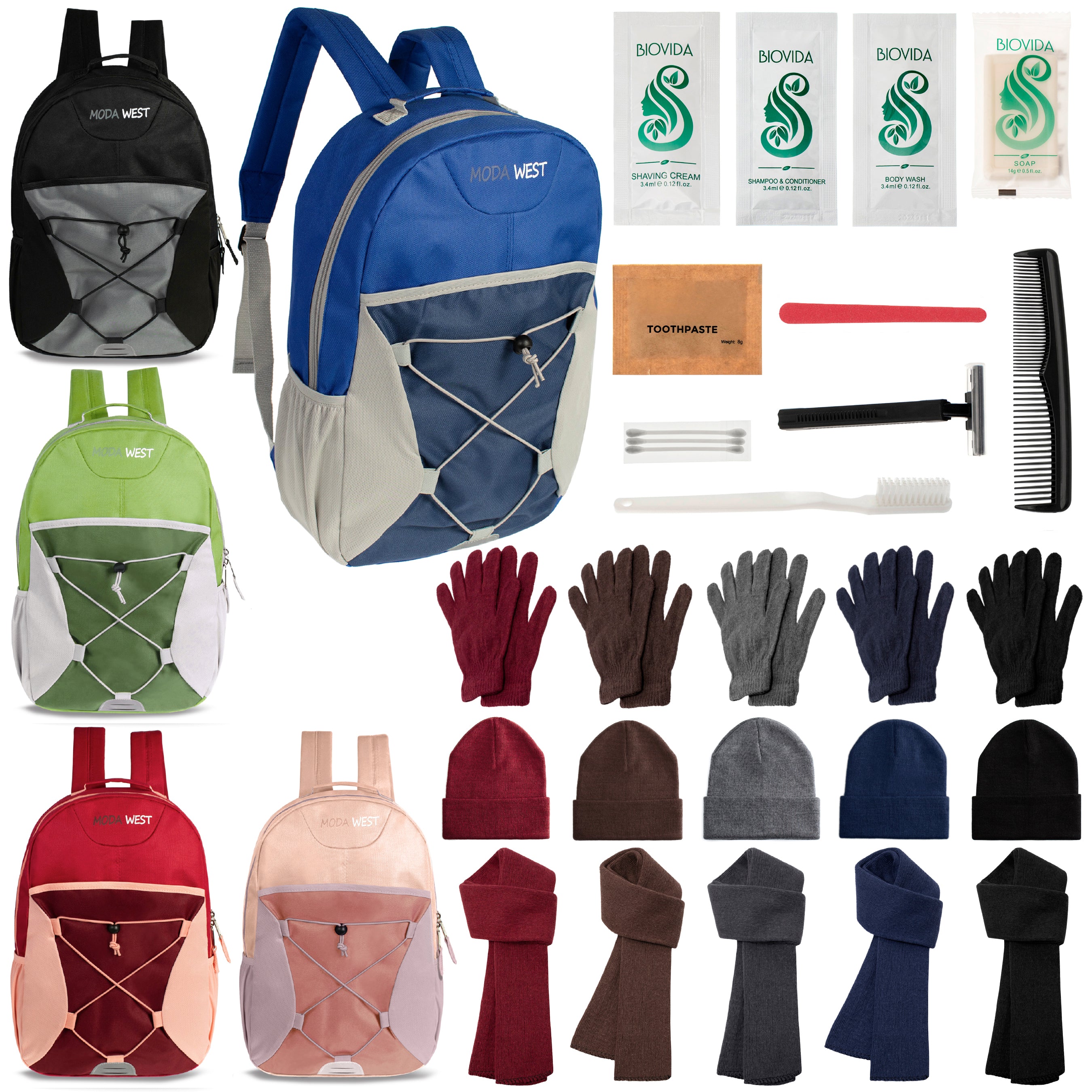 12 Bungee 17" Backpacks in 5 Colors, 12 Winter Item Sets & Your Choice of 12 Bulk Hygiene Kits - Wholesale Homeless Care Package