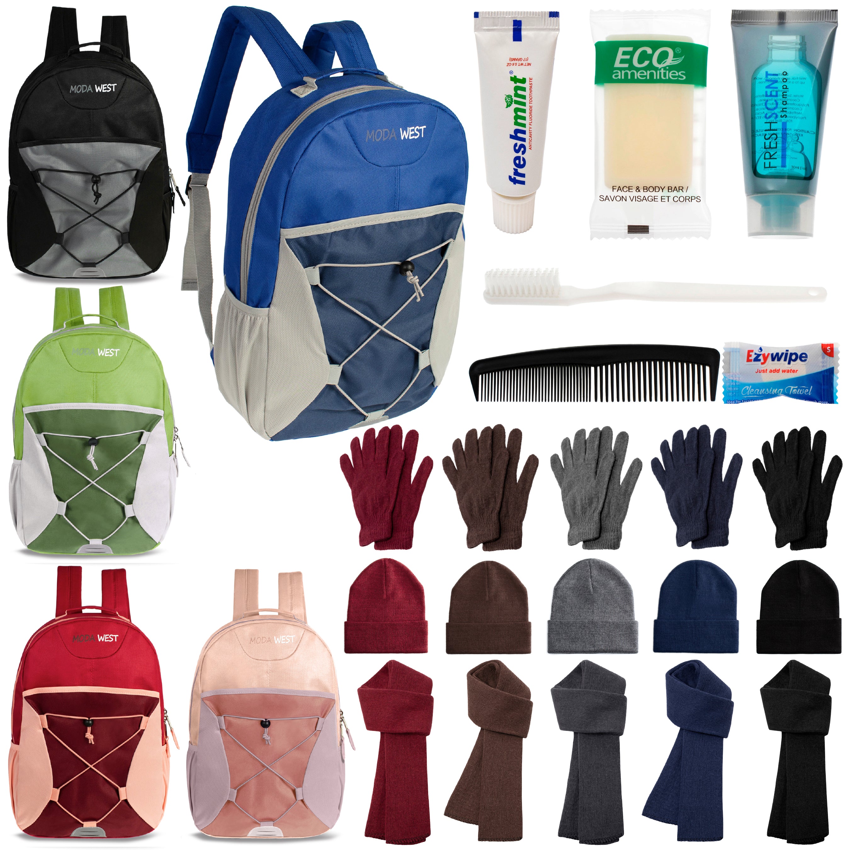 12 Bungee 17" Backpacks in 5 Colors, 12 Winter Item Sets & Your Choice of 12 Bulk Hygiene Kits - Wholesale Homeless Care Package