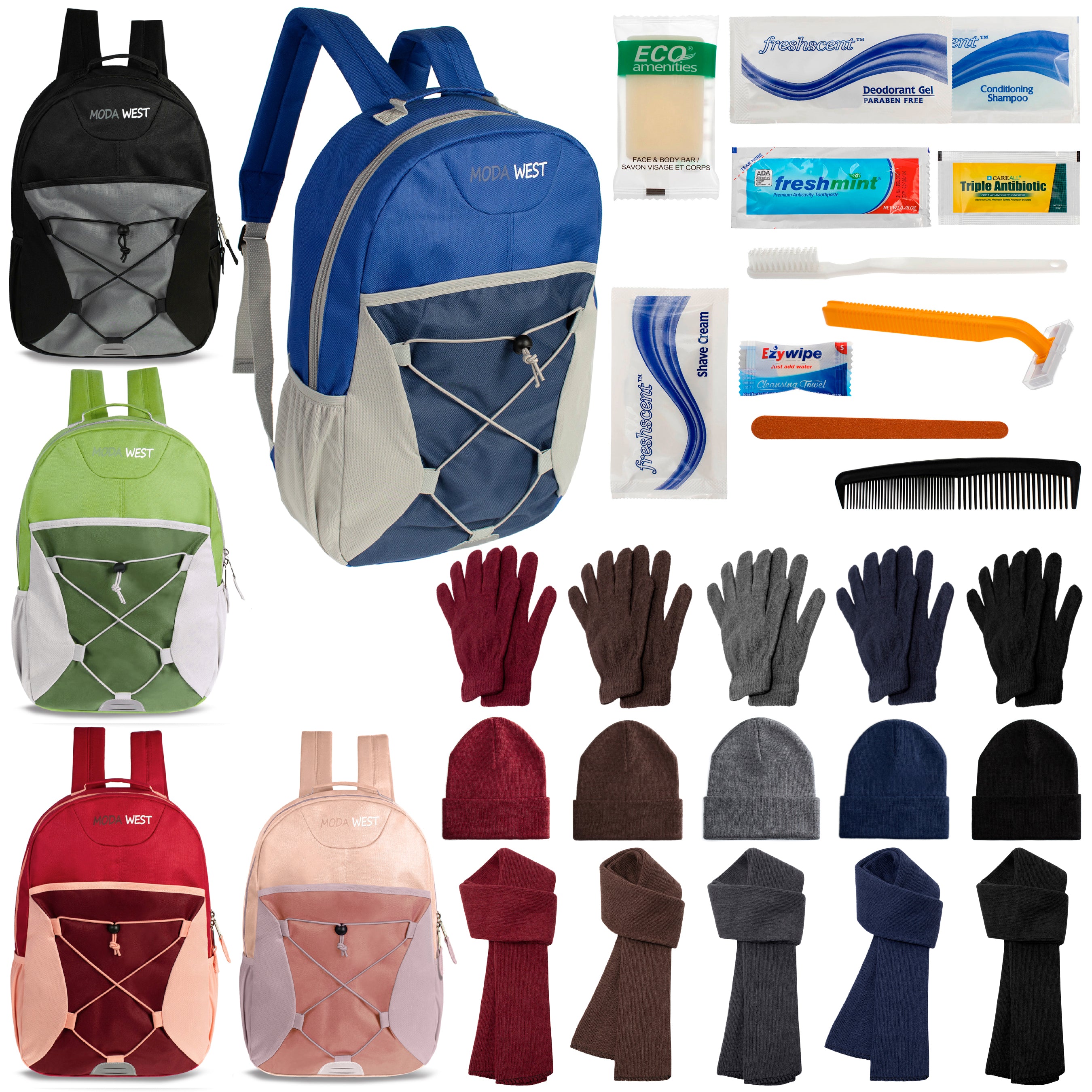 12 Bungee 17" Backpacks in 5 Colors, 12 Winter Item Sets & Your Choice of 12 Bulk Hygiene Kits - Wholesale Homeless Care Package