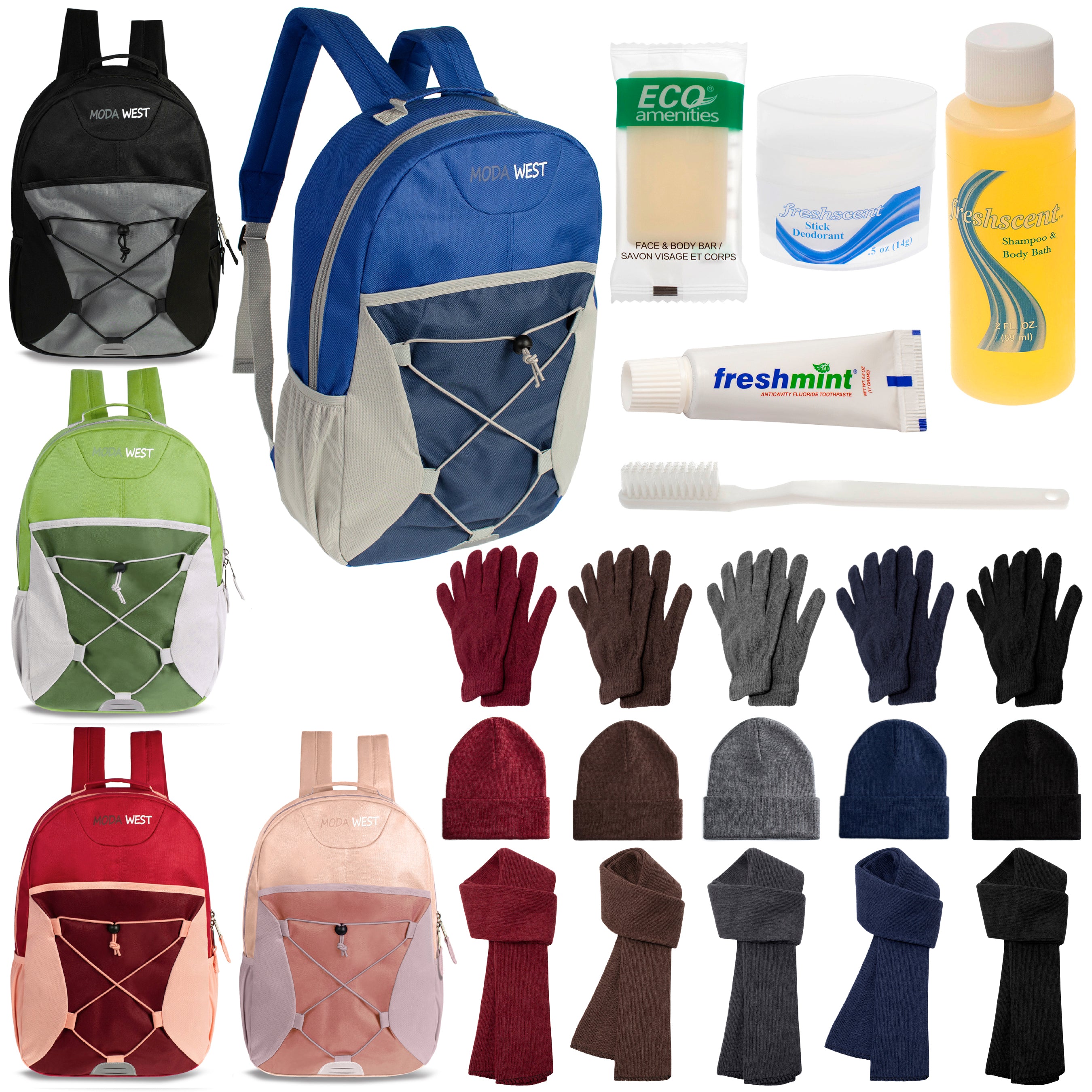 12 Bungee 17" Backpacks in 5 Colors, 12 Winter Item Sets & Your Choice of 12 Bulk Hygiene Kits - Wholesale Homeless Care Package