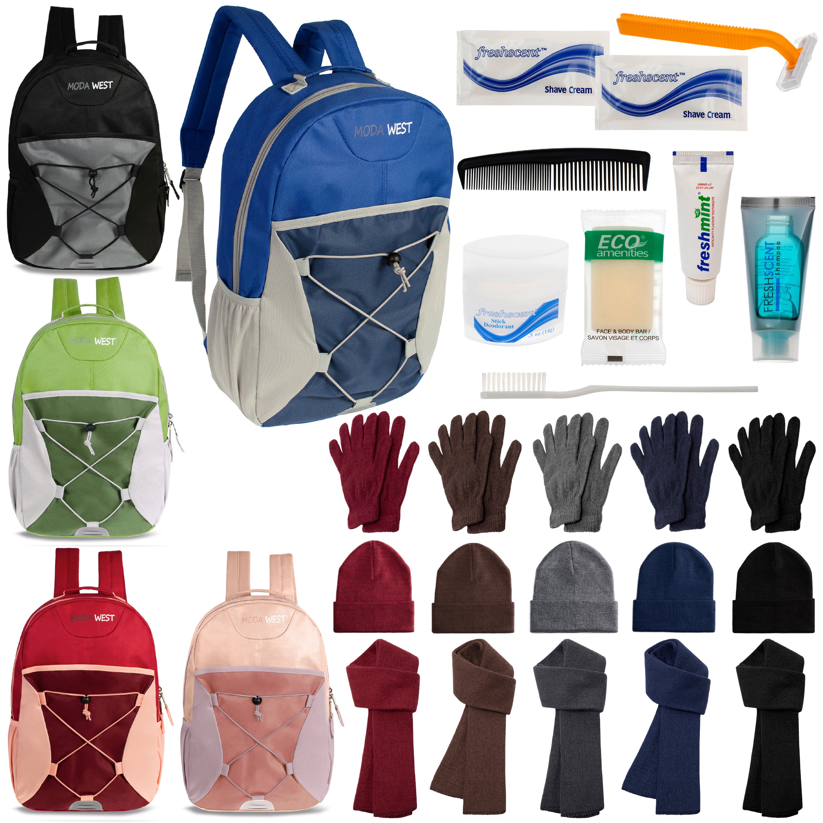 12 Bungee 17" Backpacks in 5 Colors, 12 Winter Item Sets & Your Choice of 12 Bulk Hygiene Kits - Wholesale Homeless Care Package