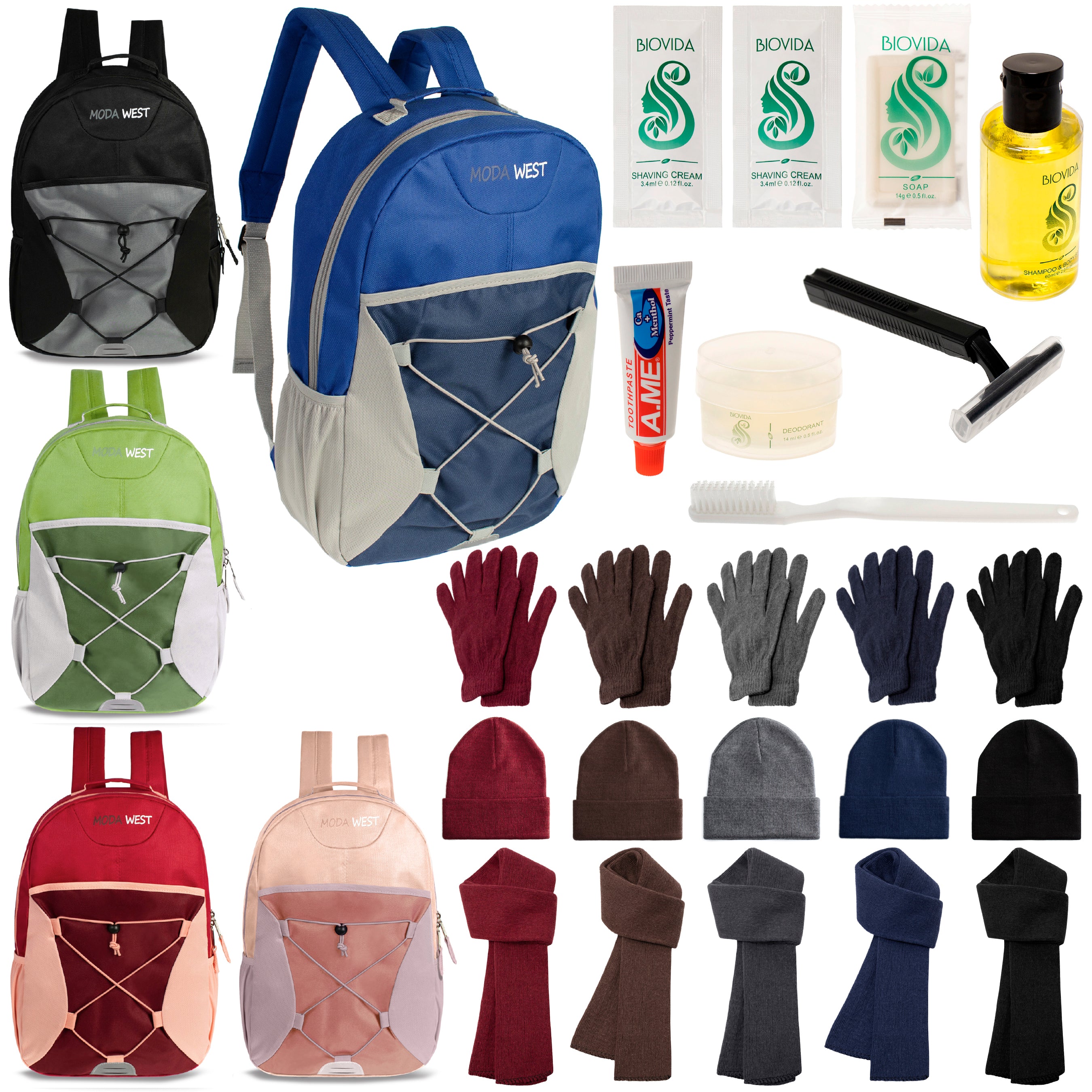 12 Bungee 17" Backpacks in 5 Colors, 12 Winter Item Sets & Your Choice of 12 Bulk Hygiene Kits - Wholesale Homeless Care Package