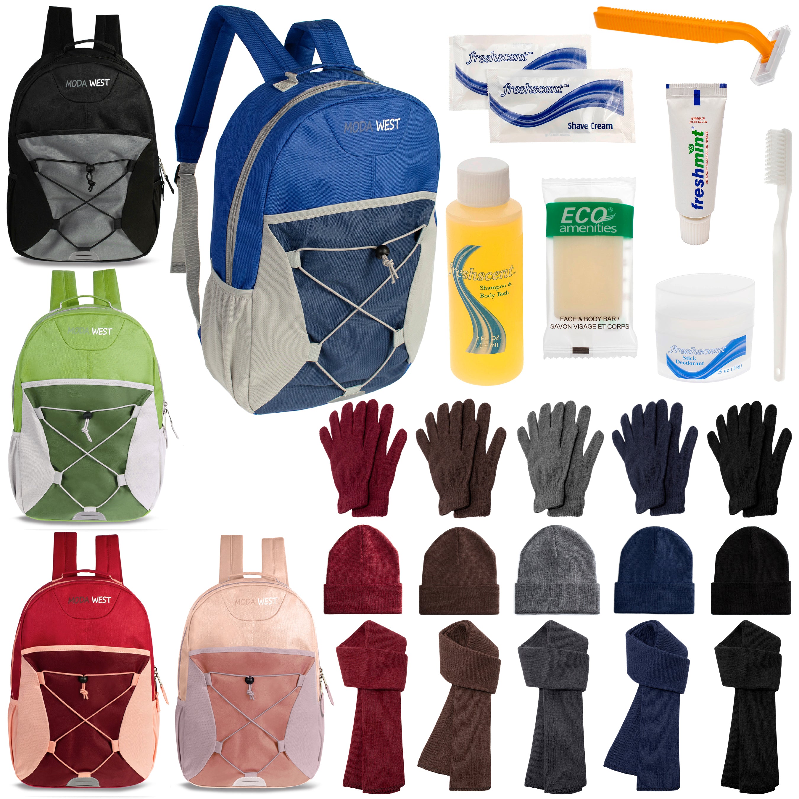 12 Bungee 17" Backpacks in 5 Colors, 12 Winter Item Sets & Your Choice of 12 Bulk Hygiene Kits - Wholesale Homeless Care Package