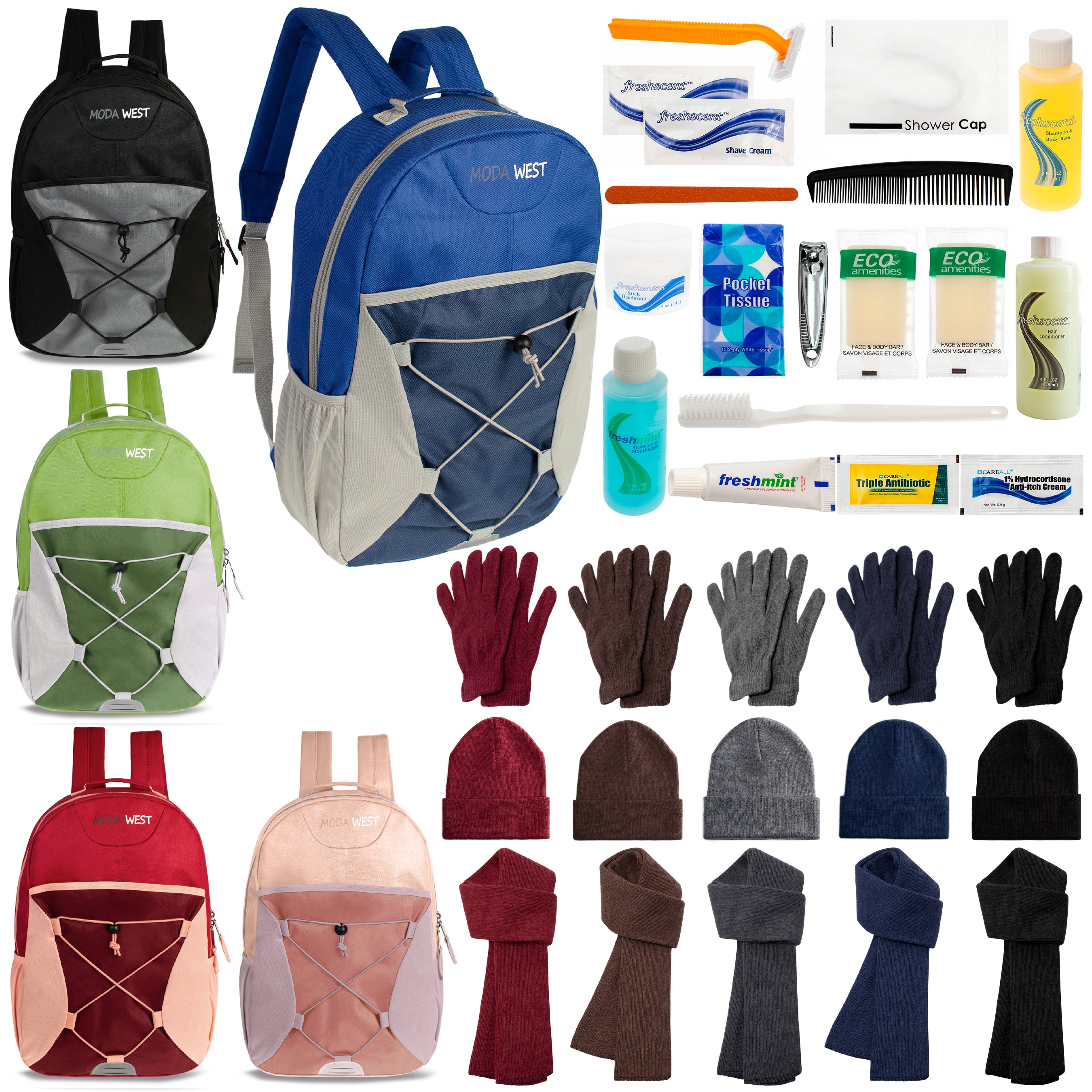 12 Bungee 17" Backpacks in 5 Colors, 12 Winter Item Sets & Your Choice of 12 Bulk Hygiene Kits - Wholesale Homeless Care Package