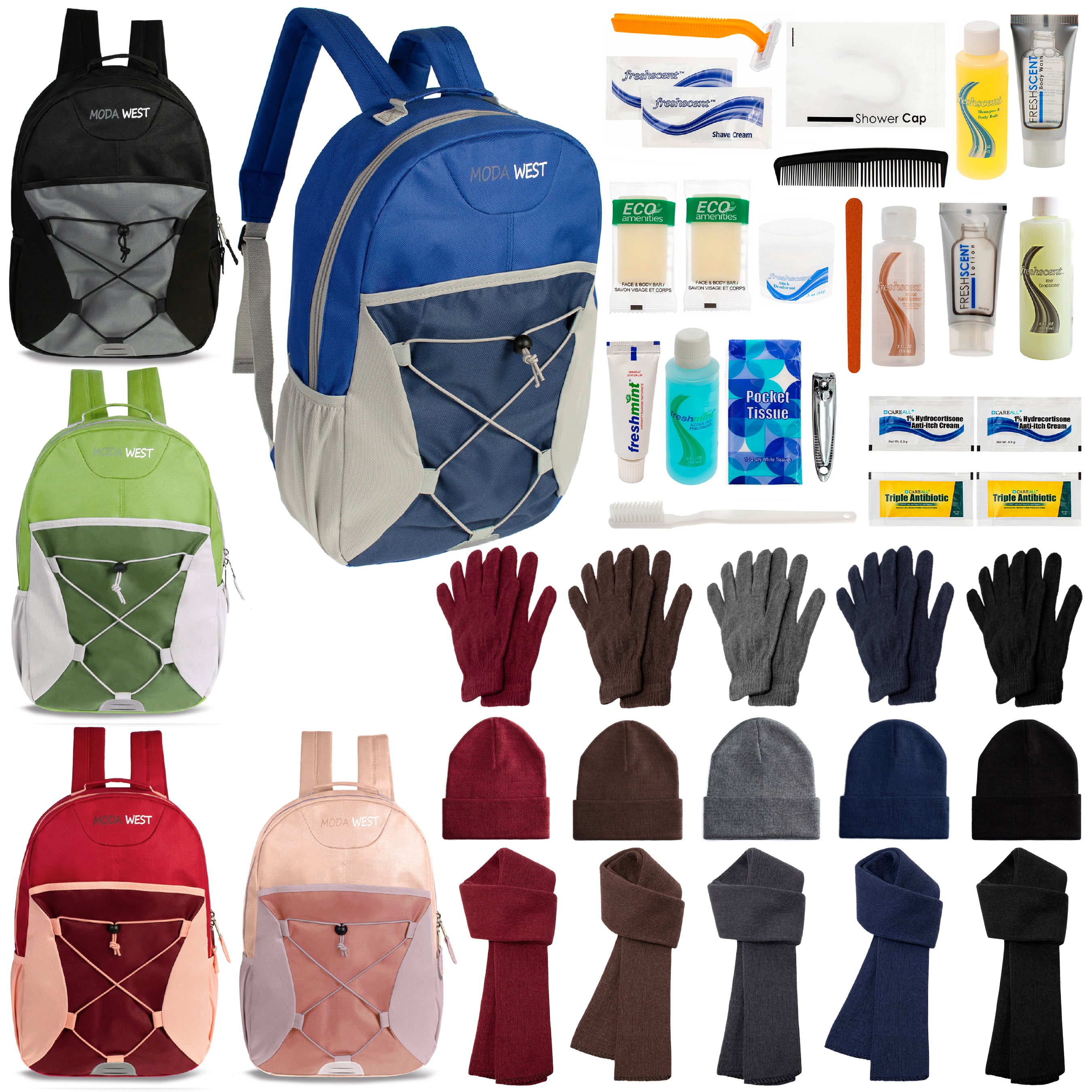 12 Bungee 17" Backpacks in 5 Colors, 12 Winter Item Sets & Your Choice of 12 Bulk Hygiene Kits - Wholesale Homeless Care Package