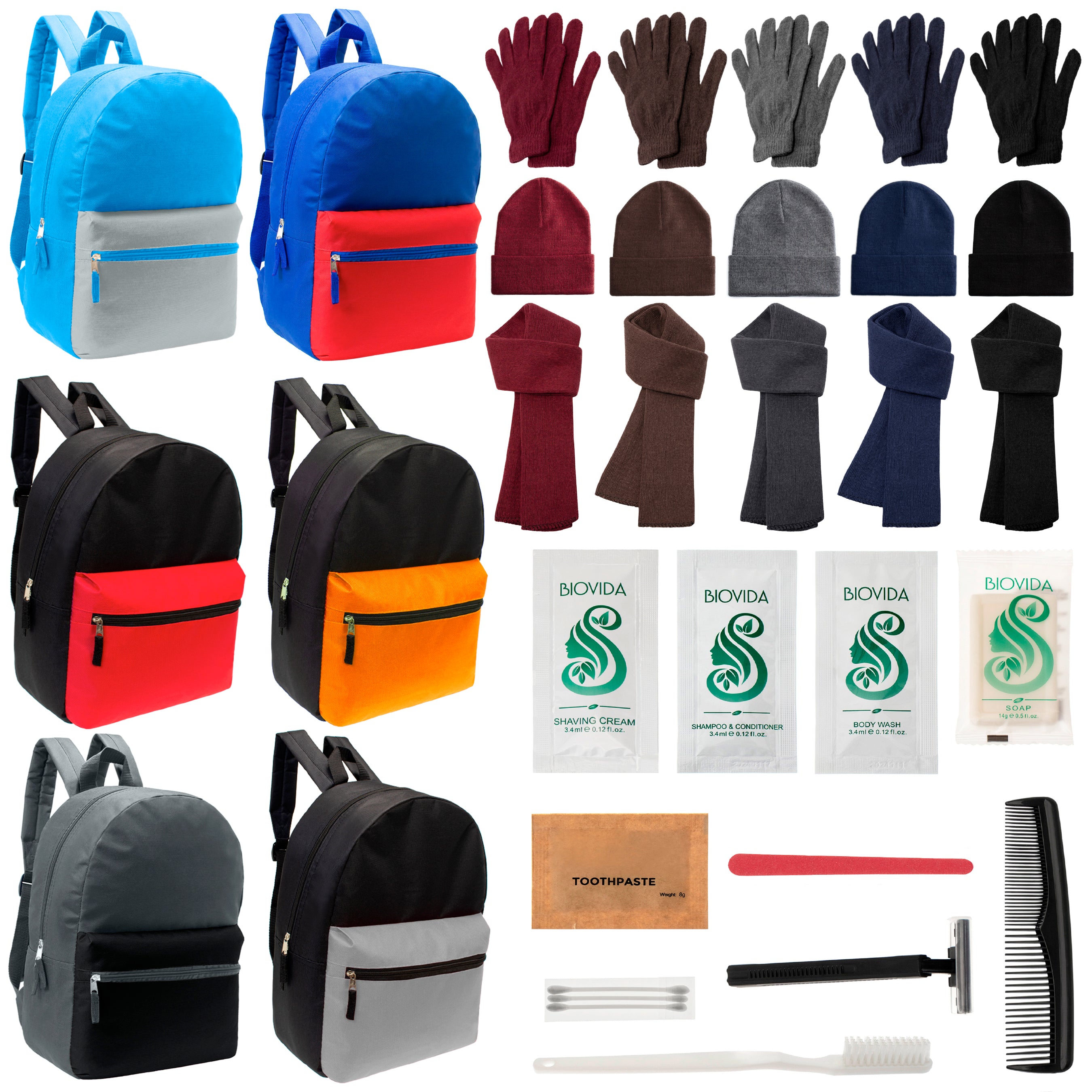 12 Multi Color Basic 17" Backpacks, 12 Winter Item Sets & Your Choice of 12 Bulk Hygiene Kits - Wholesale Homeless Care Package