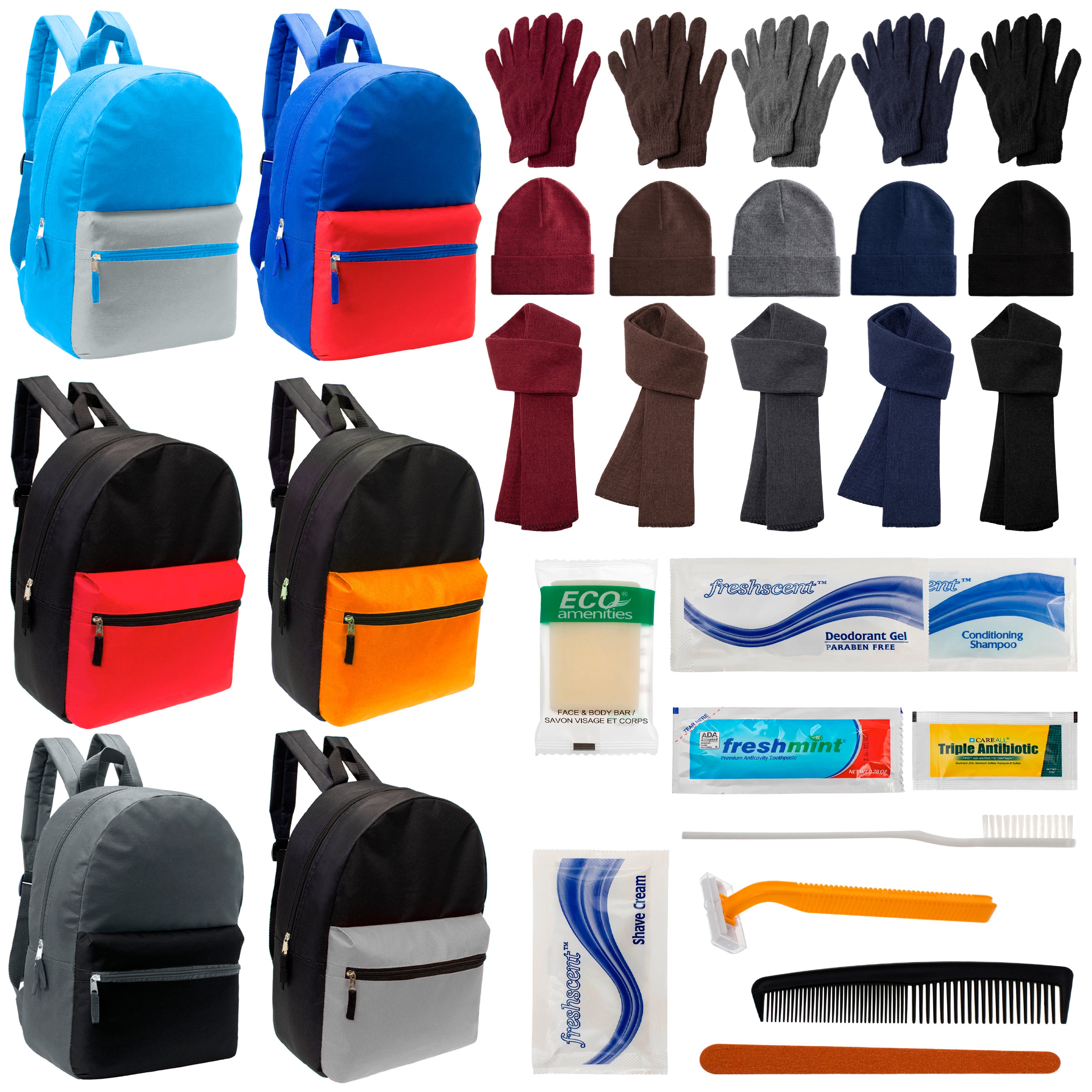 12 Multi Color Basic 17" Backpacks, 12 Winter Item Sets & Your Choice of 12 Bulk Hygiene Kits - Wholesale Homeless Care Package