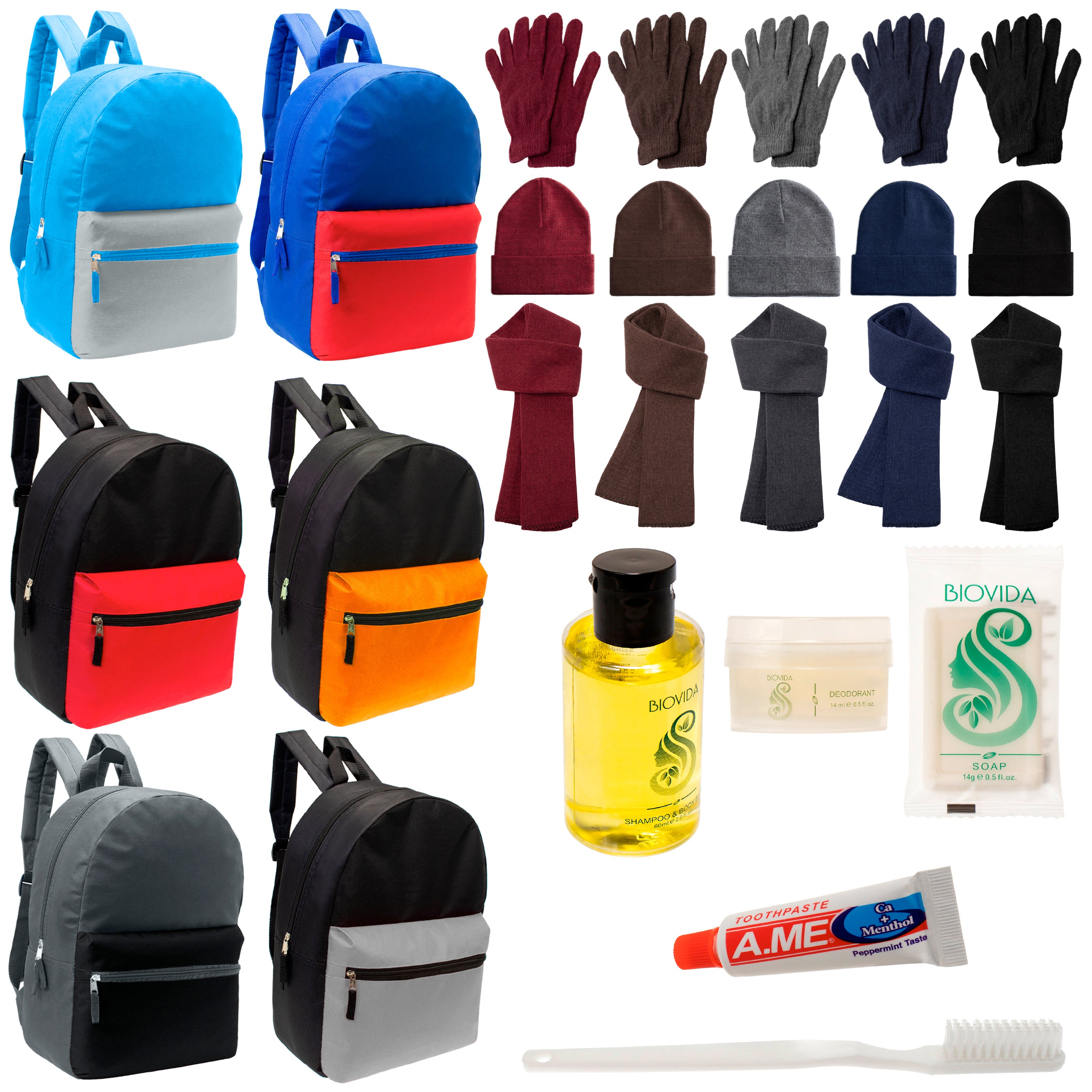 12 Multi Color Basic 17" Backpacks, 12 Winter Item Sets & Your Choice of 12 Bulk Hygiene Kits - Wholesale Homeless Care Package