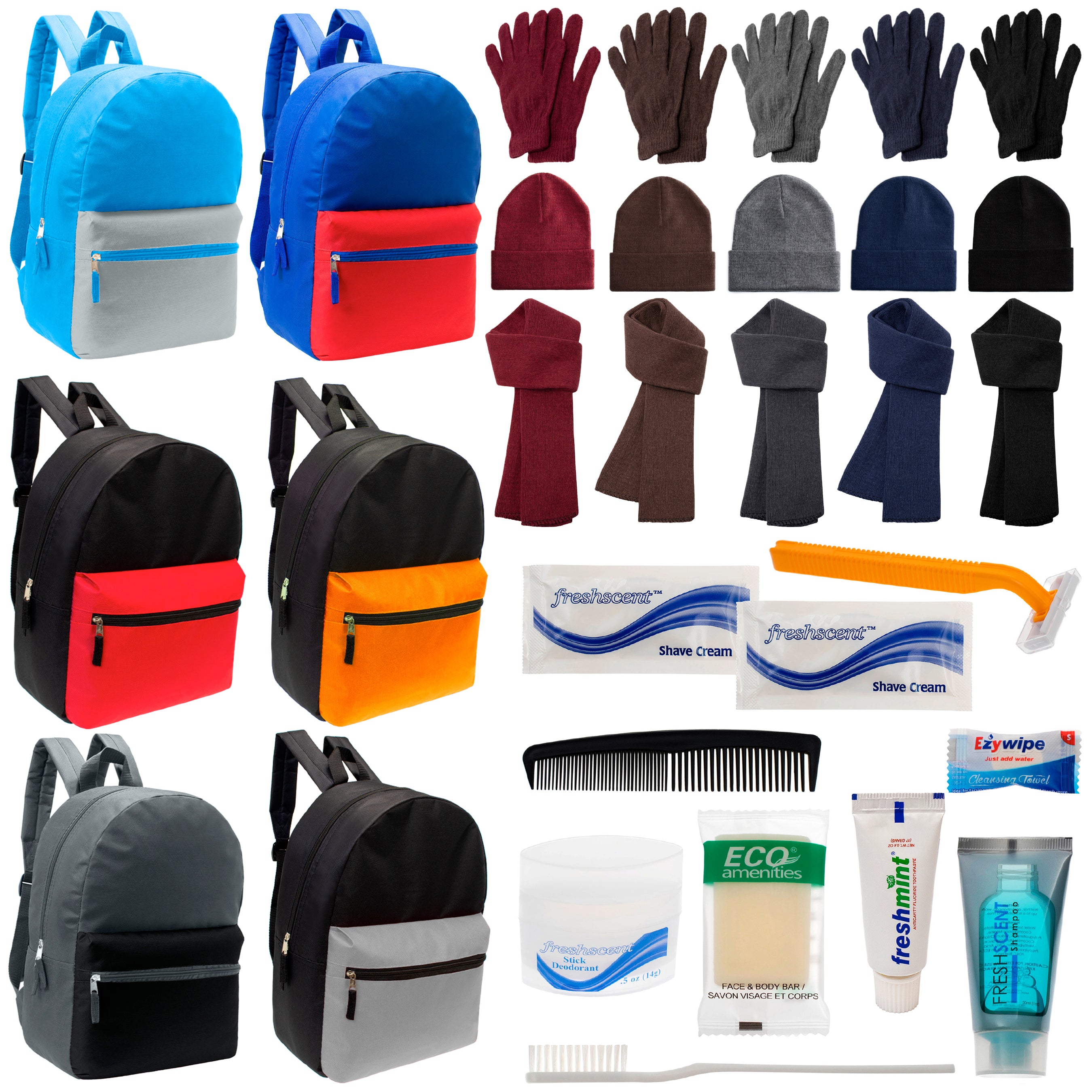 12 Multi Color Basic 17" Backpacks, 12 Winter Item Sets & Your Choice of 12 Bulk Hygiene Kits - Wholesale Homeless Care Package