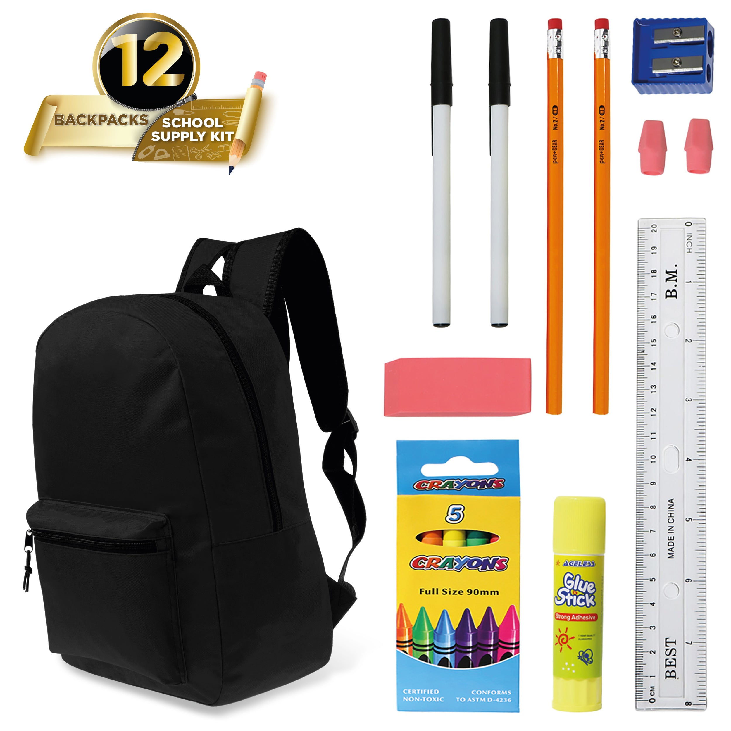 Bulk Pack of 12 Black 15 Wholesale School Backpacks School Supplies