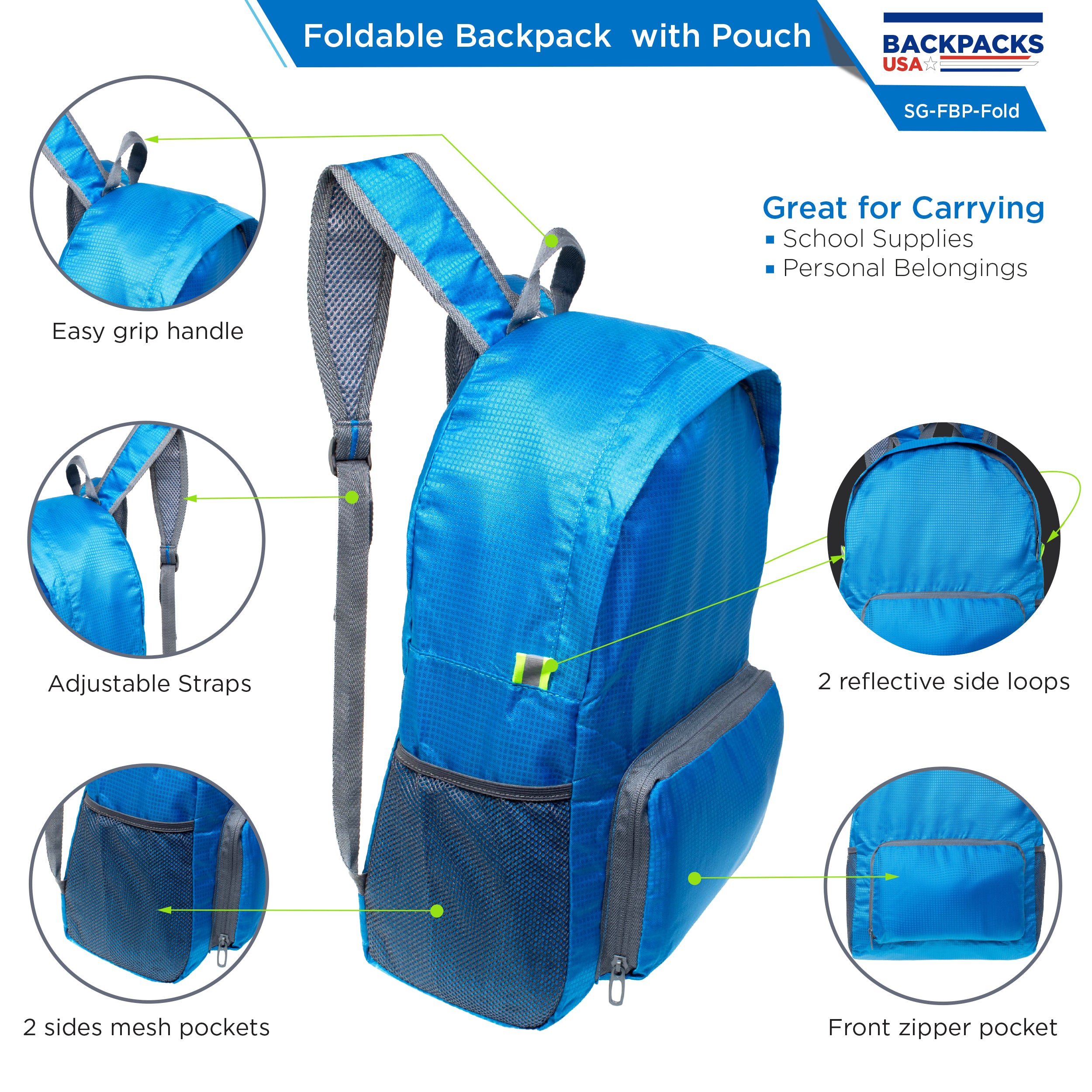 Wholesale Foldable Lightweight Waterproof Travel Backpack Case of 50