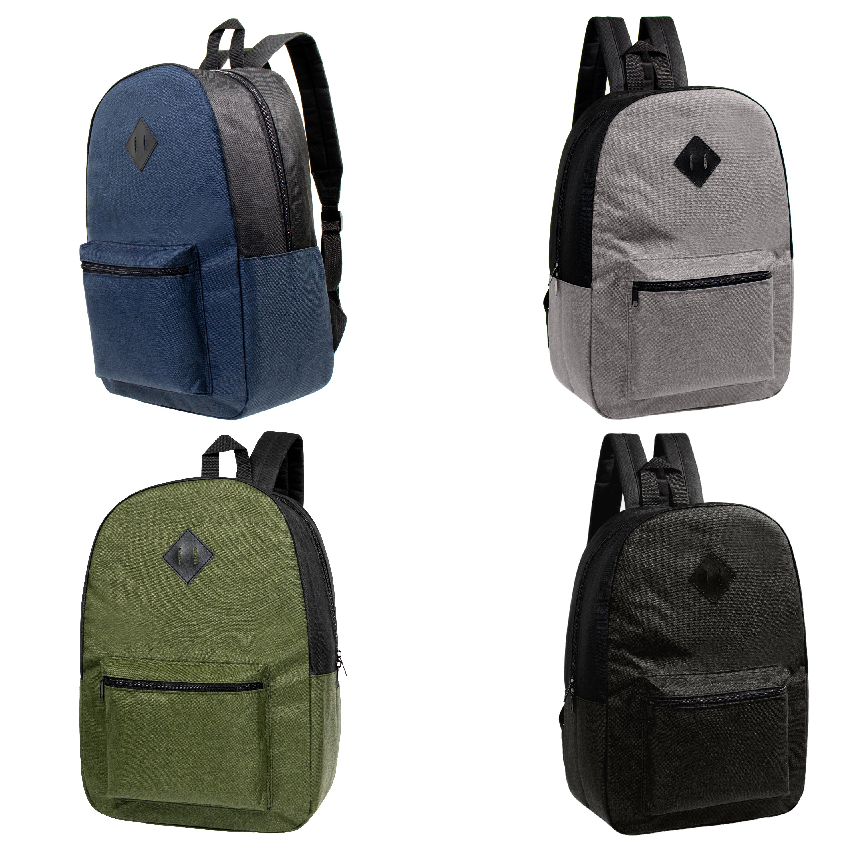12 Bulk 17" Backpacks Diamond Patch in Assorted Dark Colors & 12 Wholesale School Supplies Kits