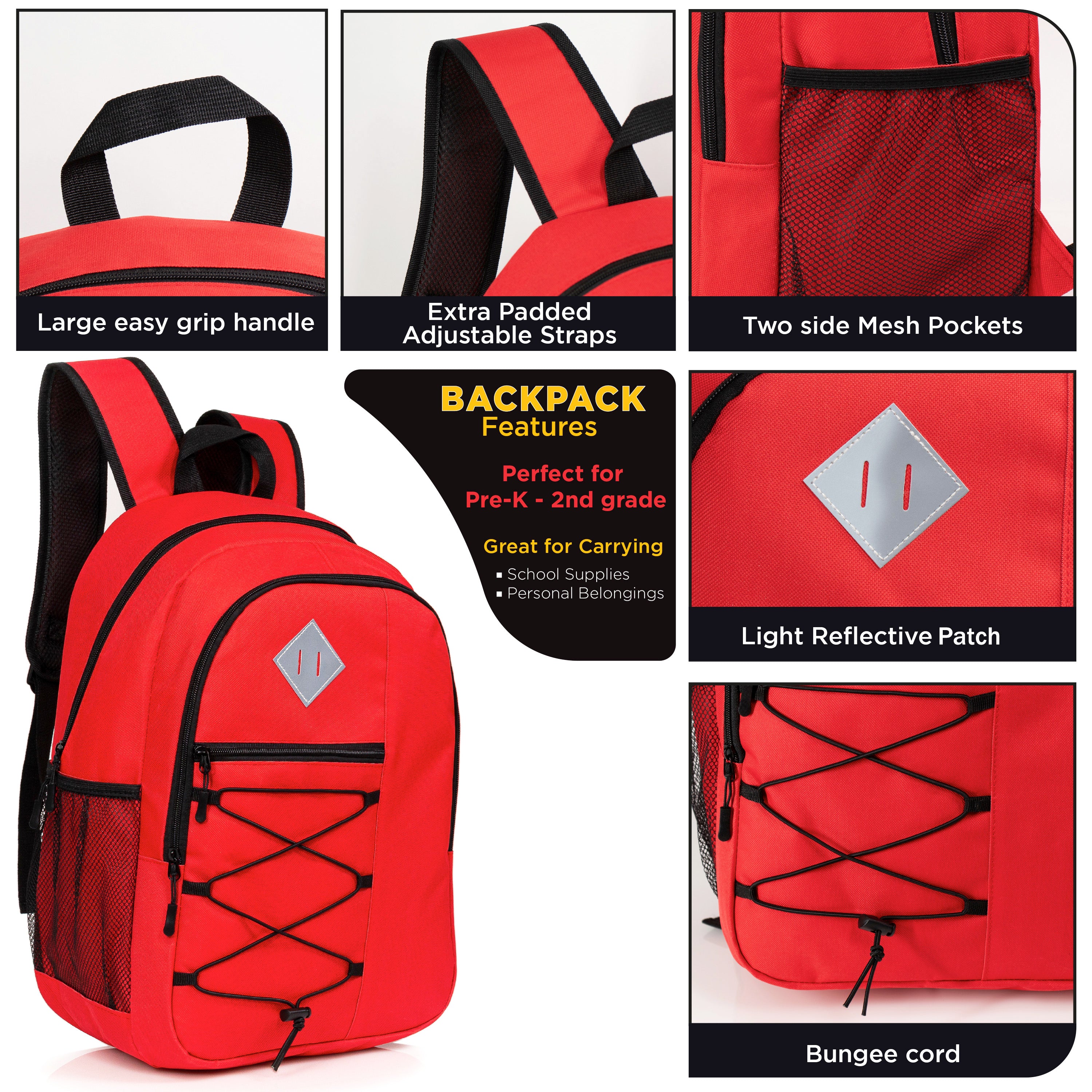 18" Deluxe Bungee Wholesale Backpack with Laptop Pocket & Padded Back - Bulk Case of 24