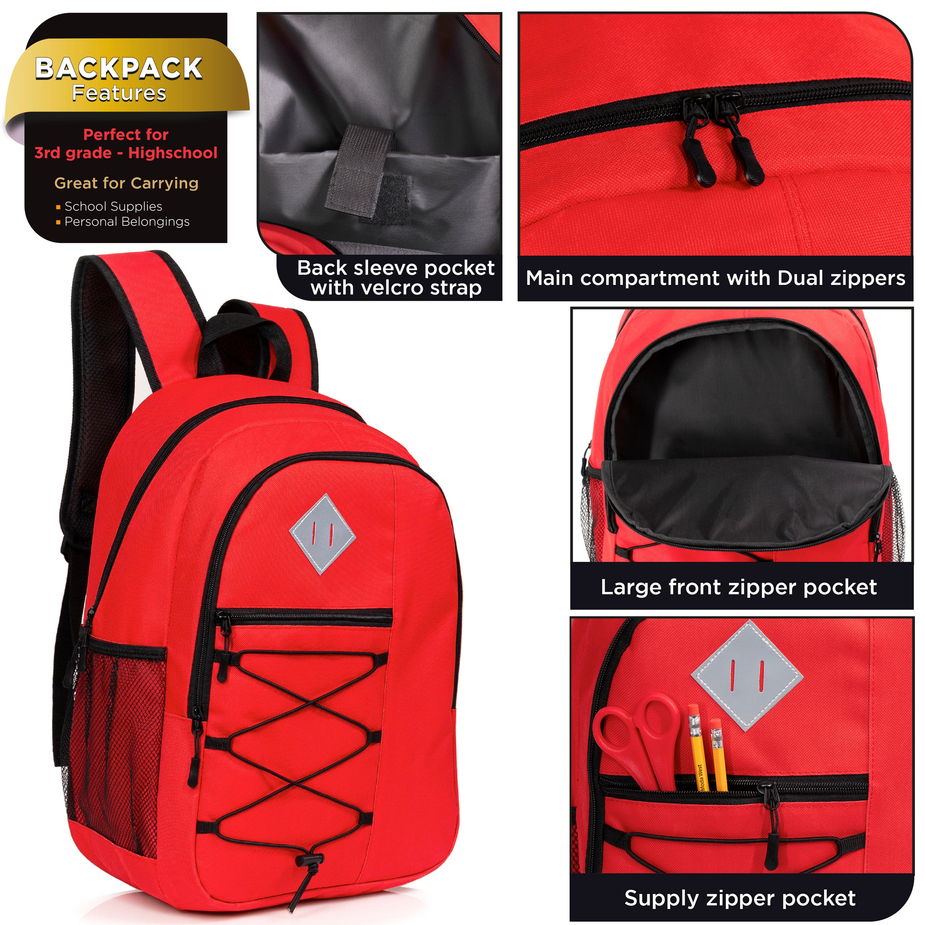 18" Deluxe Bungee Wholesale Backpack with Laptop Pocket & Padded Back - Bulk Case of 24