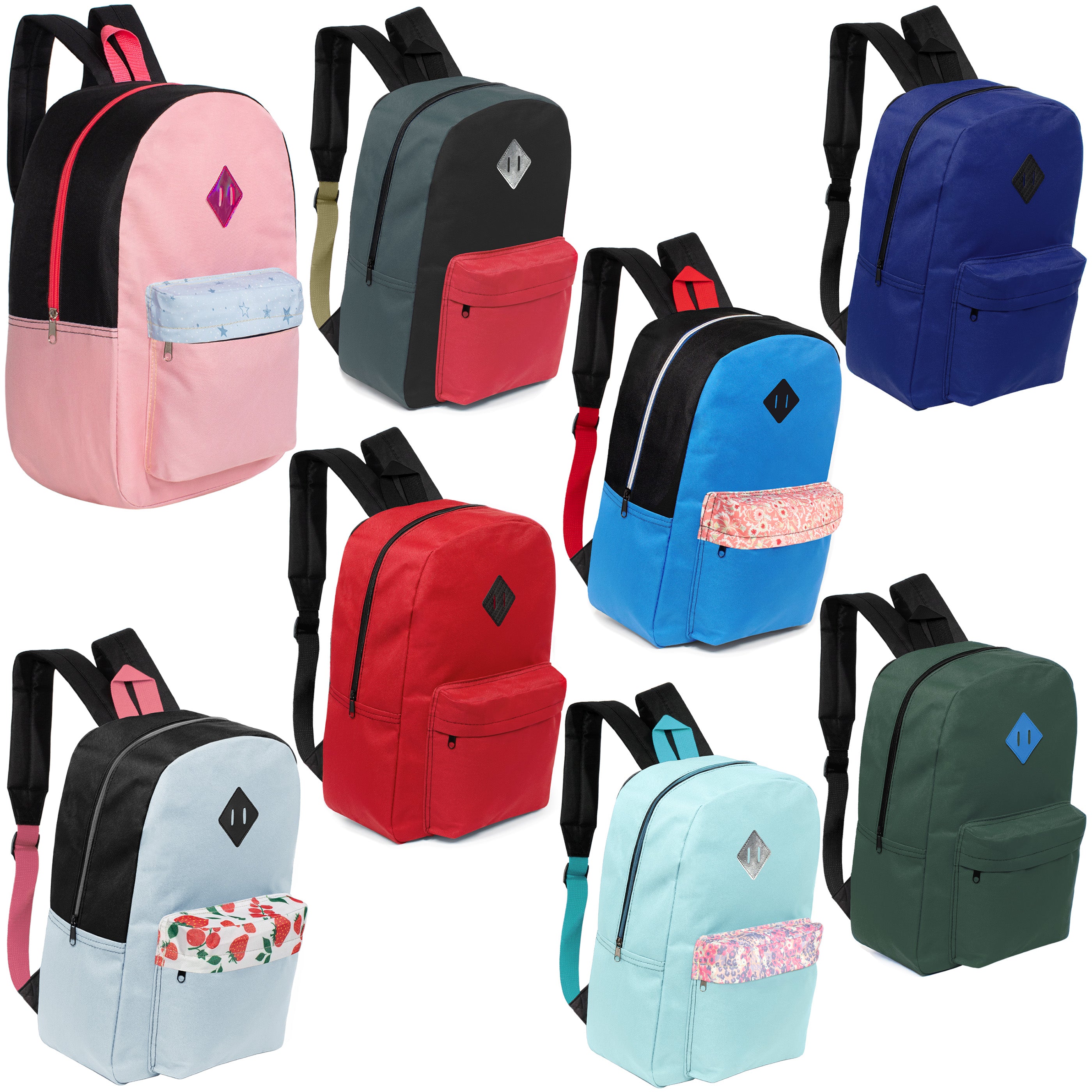 17" Kids Wholesale Backpacks in 8 Colors with a Padded Back and a Diamond Patch - Bulk Pack of 24